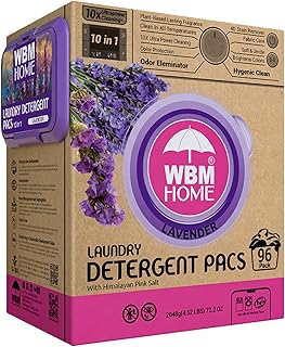 WBM 10-in-1 Laundry Pods with Softener & Scent Booster, 96 Count, High Efficiency (HE), Fabric Softener, Lavender Extracts, Stain Lifter, Eco-Friendly, Gentle, Fresh