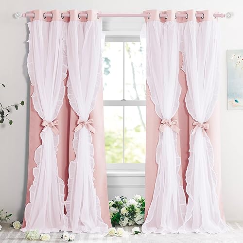 Vista 110 de PONY DANCE Cortinas decorativas para niñas, cortinas decorativas para niños, cortina de doble capa con volantes, superposición para oscurecer