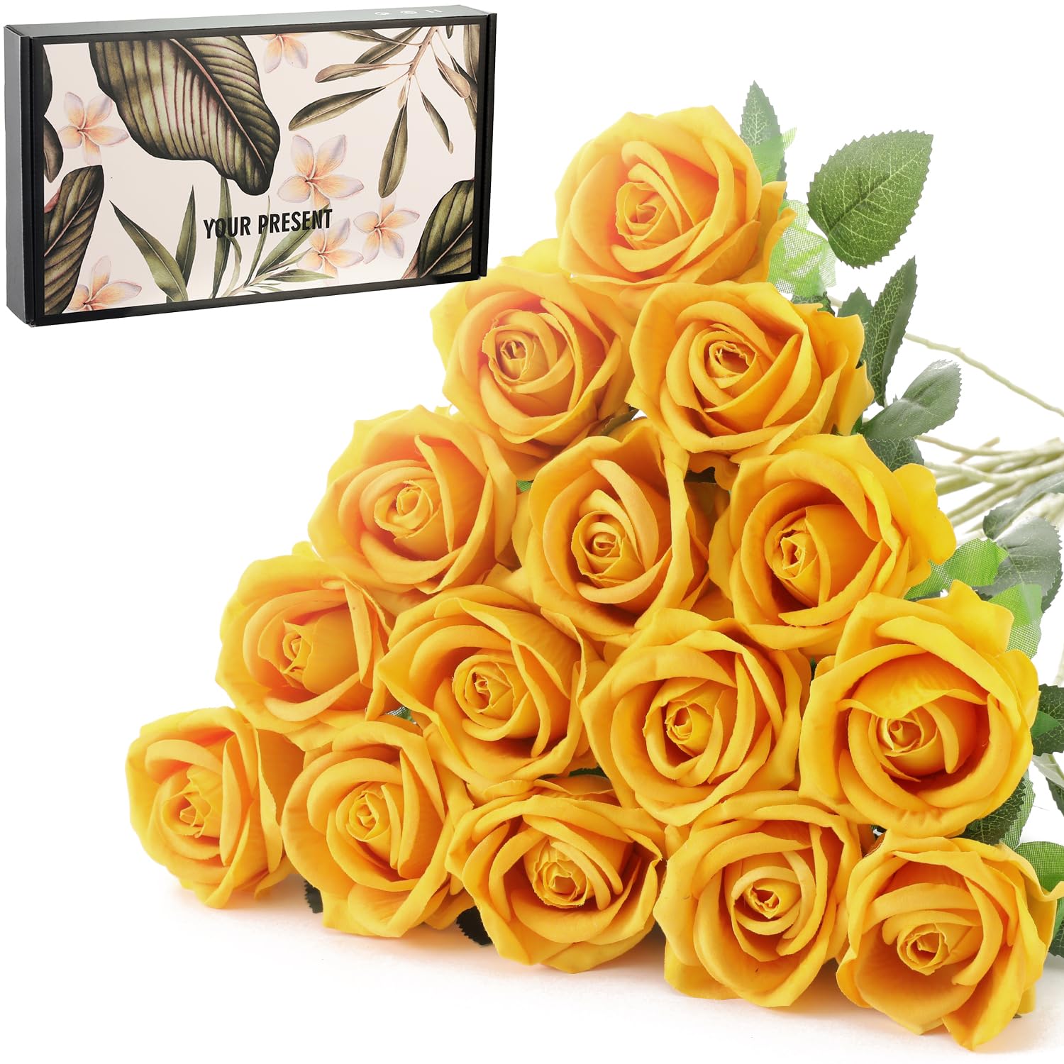 Cloudecor 15Pcs Small Fake Roses Velet Roses Long Stem Artificial Flowers Silk Flowers for Home Wedding Decoration (Pearl Roses,Yellow)