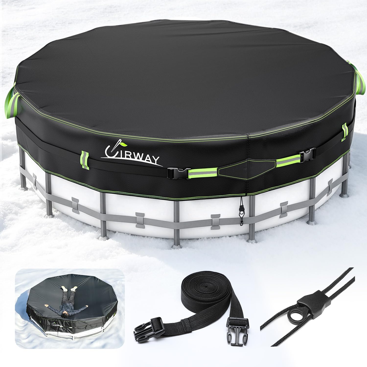 UIRWAY 500D Winter Pool Cover 28FT Round [Upgraded Heavy Duty Thick Fabric] | Snug Fit with Drawstring, Reinforced Strap and Counterweight Ring, Fit Pool Covers for Above Ground Pools, Tear Resistant