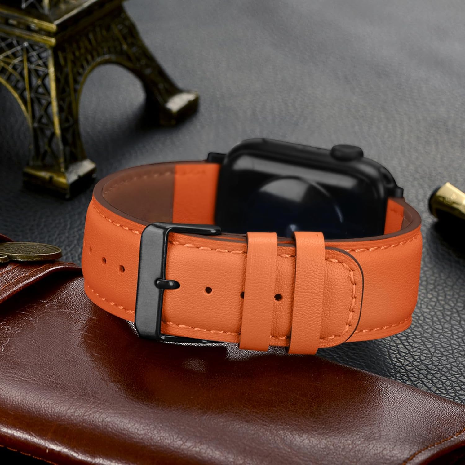 Tasikar Bands Compatible with Apple Watch Band 42mm (Series11/10) 41mm 40mm 38mm Men Genuine Leather Replacement Bands Compatible with Apple Watch SE Series 11 10 9 8 7 6 5 4 3, Cosmic Orange - Image 6