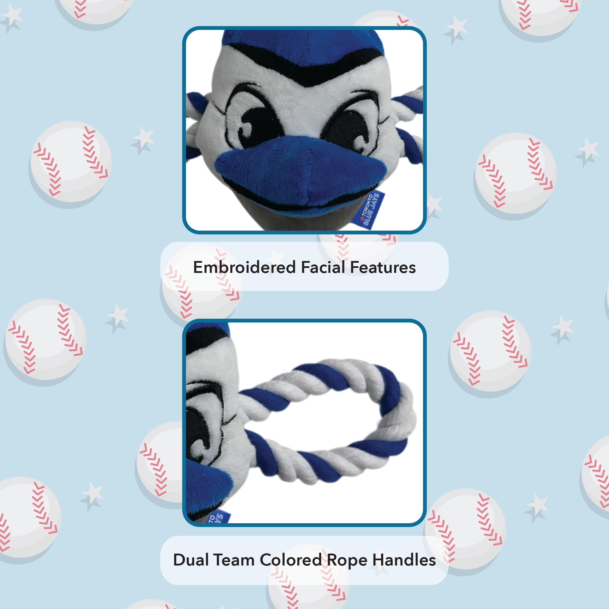 Pets First MLB Toronto Blue Jays Nylon Mascot Dog Toy with Tough Dog Ropes & Inner Squeaker in Bright Team Colors