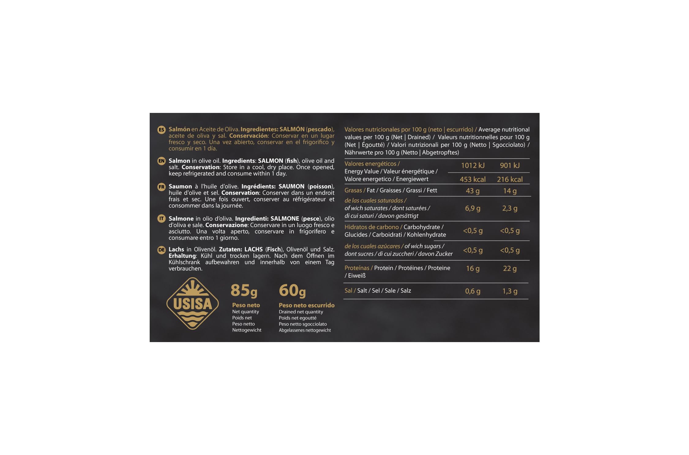 USISA - Conserva de Pescado | Delicioso Salmón en Aceite de Oliva - Pack de 5 Latas de 85 g cada una | Rico en Omega-3 y Listo para Disfrutar.