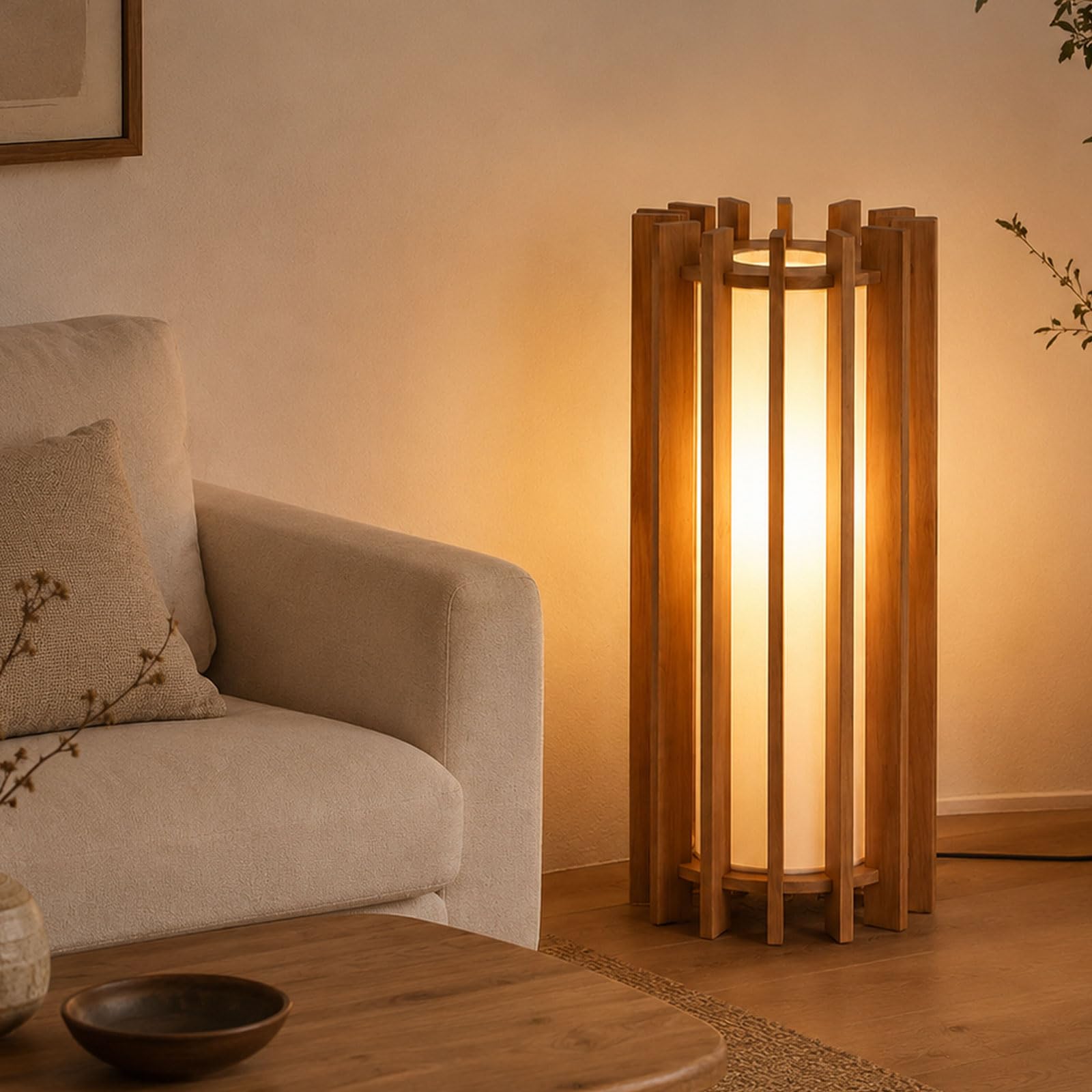 KlkrzJwy 31" Wood Floor Lamp Japanese Fabric Floor Lamp Natural Wooden Lantern Standing Lamp with E27 3-Color Temperatures Wabi-Sabi Linen Tall Light for Living Room Bedroom Office (Includes Bulb)