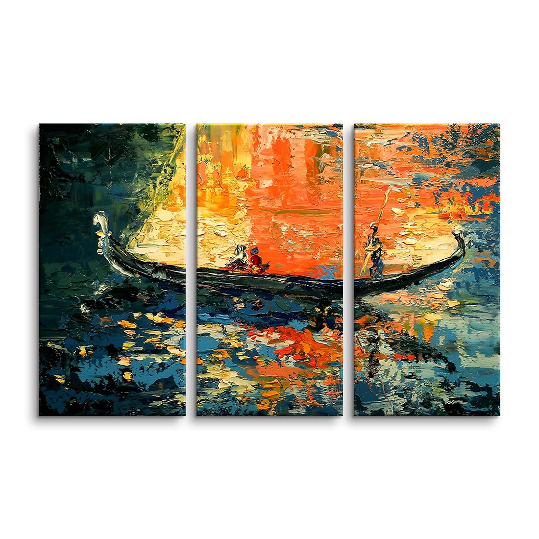 風景画 ボートと湖 無垢材の額縁付き 40cm