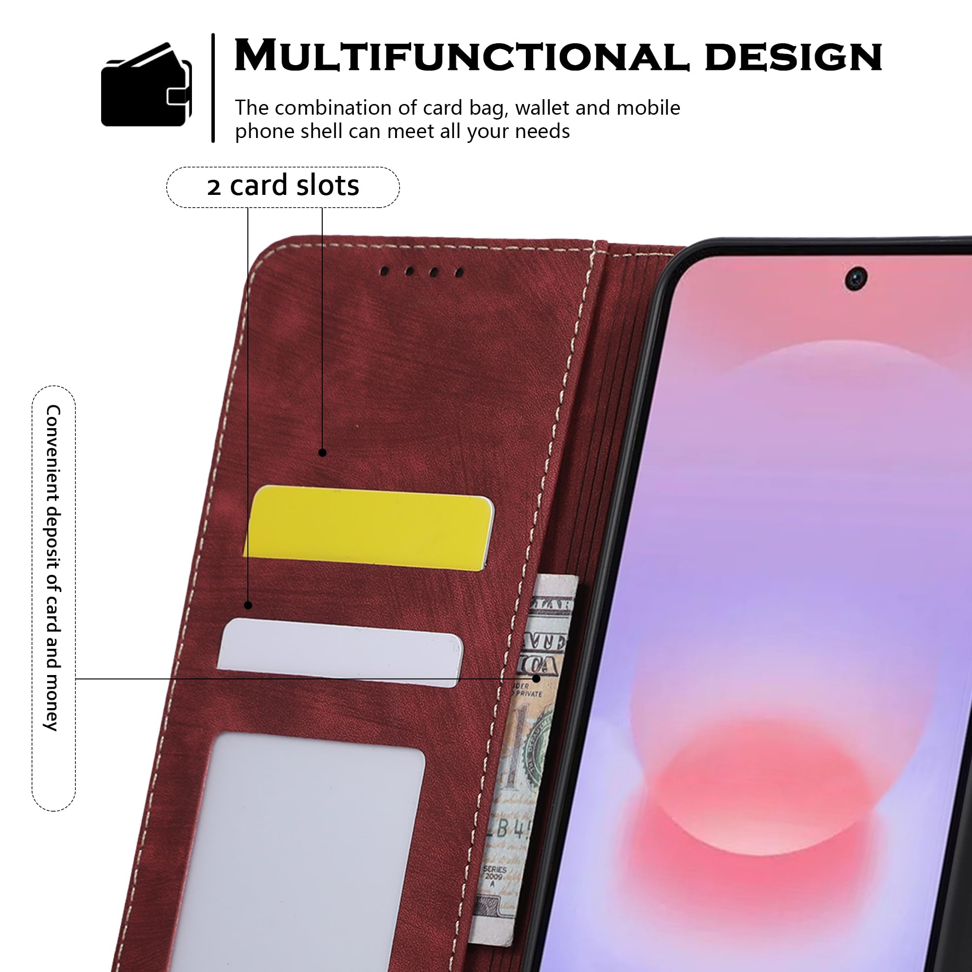 Etui ze skóry PU na Samsung Galaxy A27 5G (6,7"), etui na telefon z przegródką na karty, funkcją podpórki i zamknięciem magnetycznym - czerwone