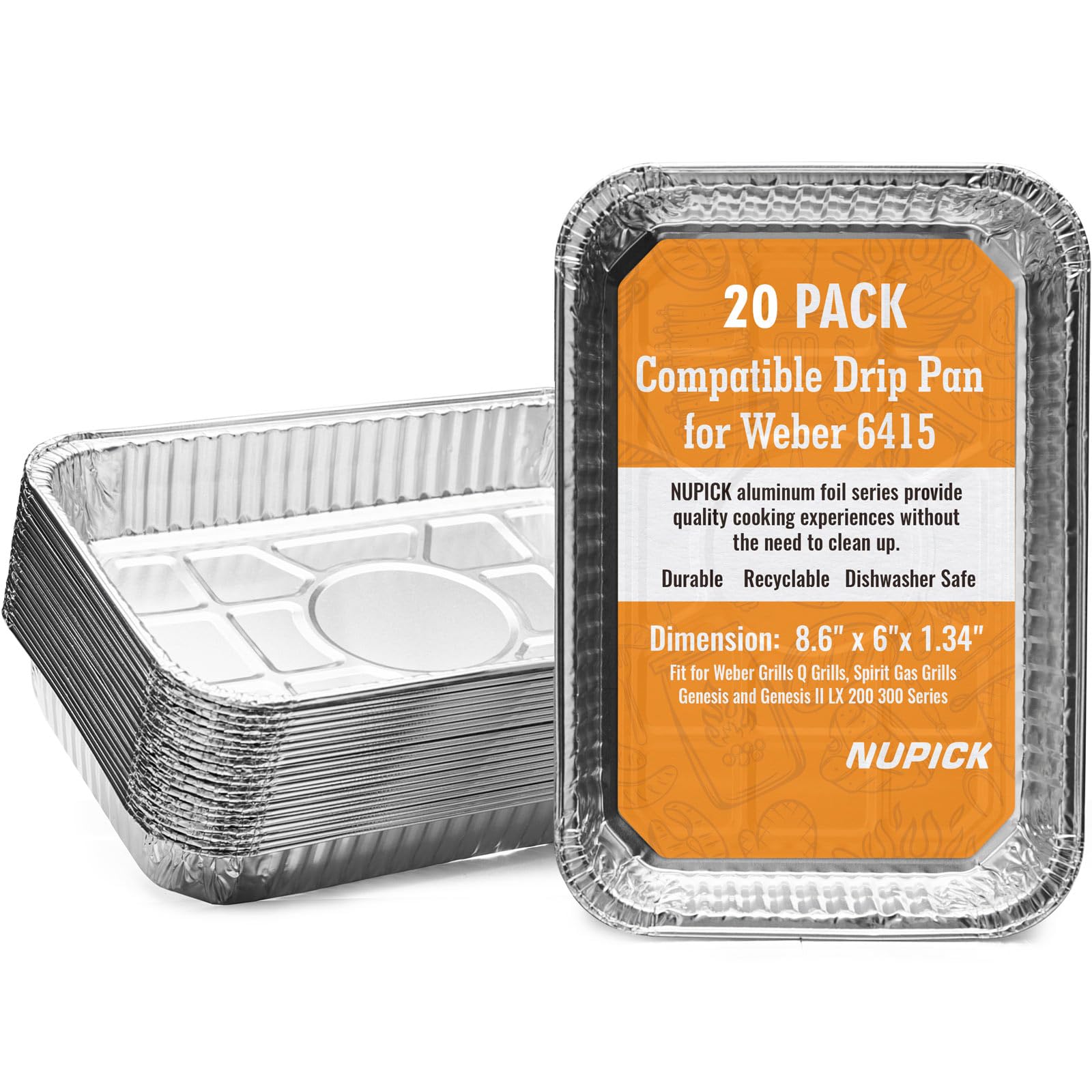 NUPICK 20 Pack 6415 Drip Pans Compatible for Weber Spirit Series, Genesis Series, Q Series Grills, Disposable Aluminum Foil Grease Trays, 8.5" x 6"