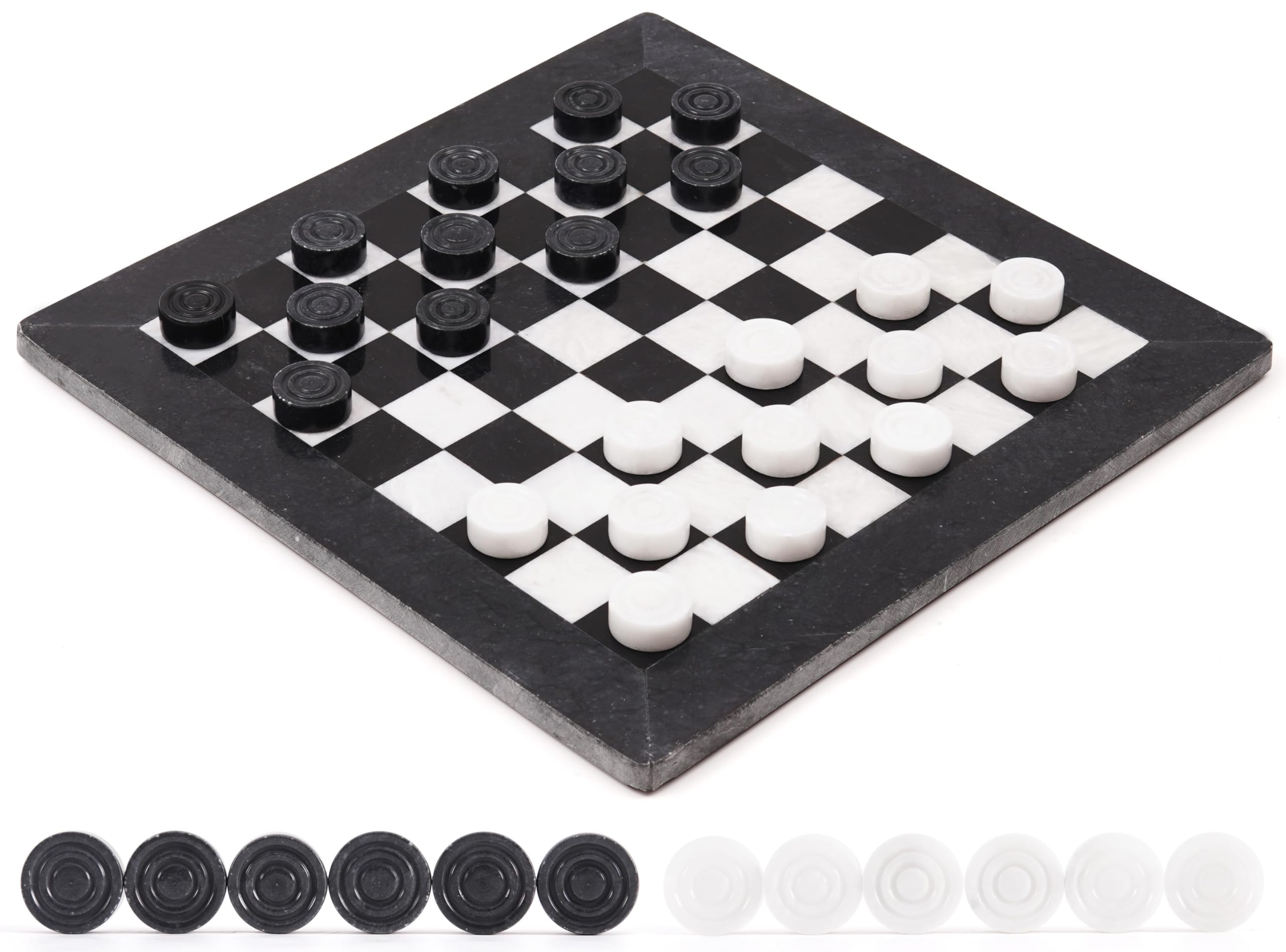 Radicaln Marble Checker Board Game 15 Inches Black and White Handmade Tournament Checkers Set - Draughts Board Games - Marble Checkers