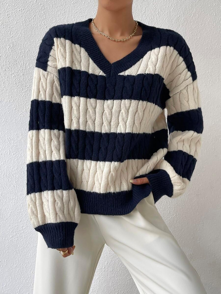 LIGHT DOT V Neck Cable Knit Sweater Women Winter Long Sleeve Stripped Preppy Sweater Oversized Pullover - Image 6