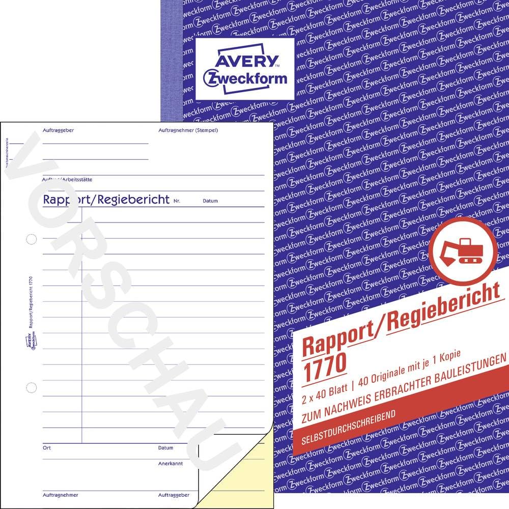 Avery Zweckform Report/ Management Report Book First and Second Page Printed Non-Carbon Paper A5 2 x 40 Pages (German Text)