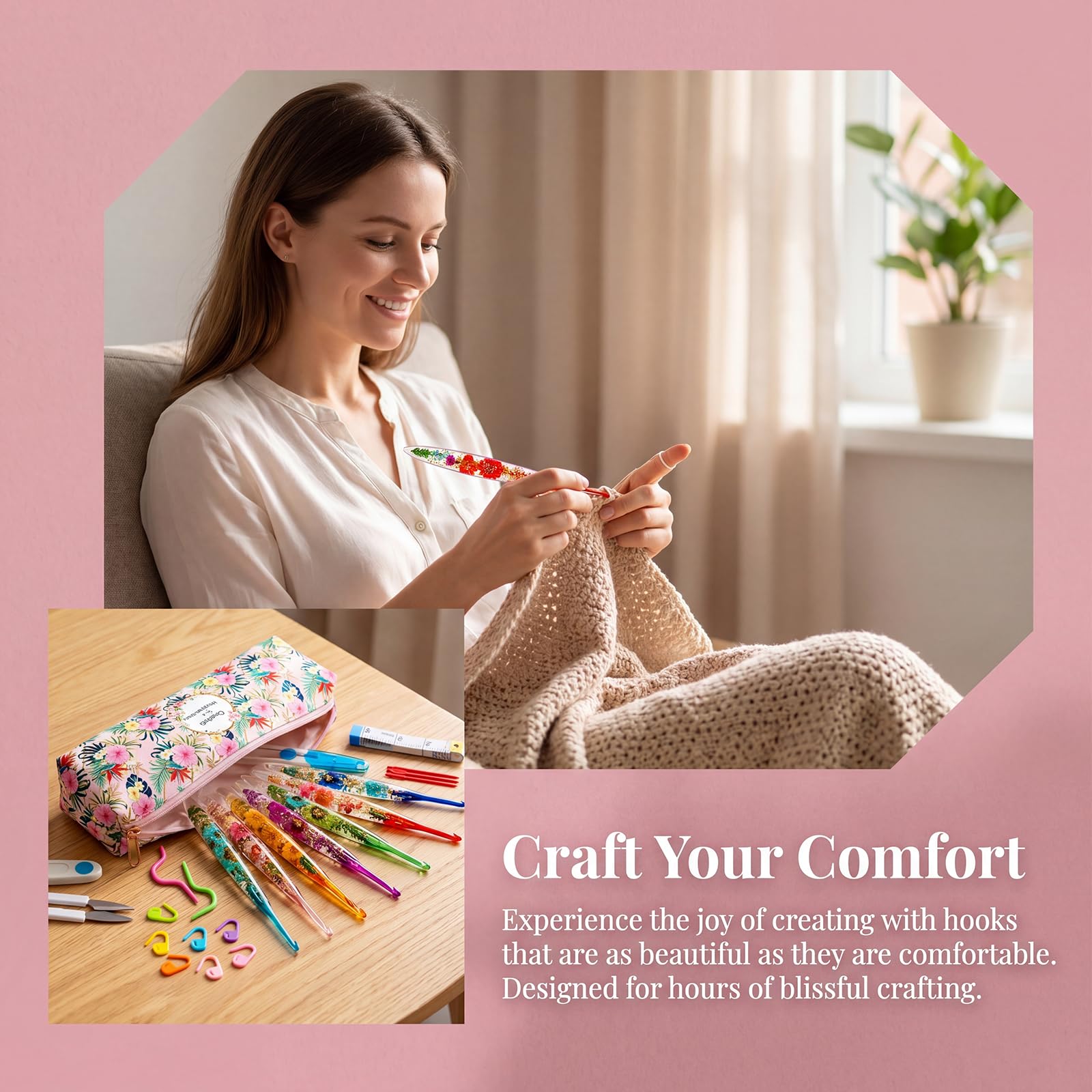 Häkelnadel Set, 9 Stück Häkelset für Anfänger Erwachsene, 2-6 mm Häkel Set Stricknadeln mit Ergonomische Epoxidharz Comfort Grip, Weichen Griff Häkelnadeln mit Funkelndem Blumenmuster
