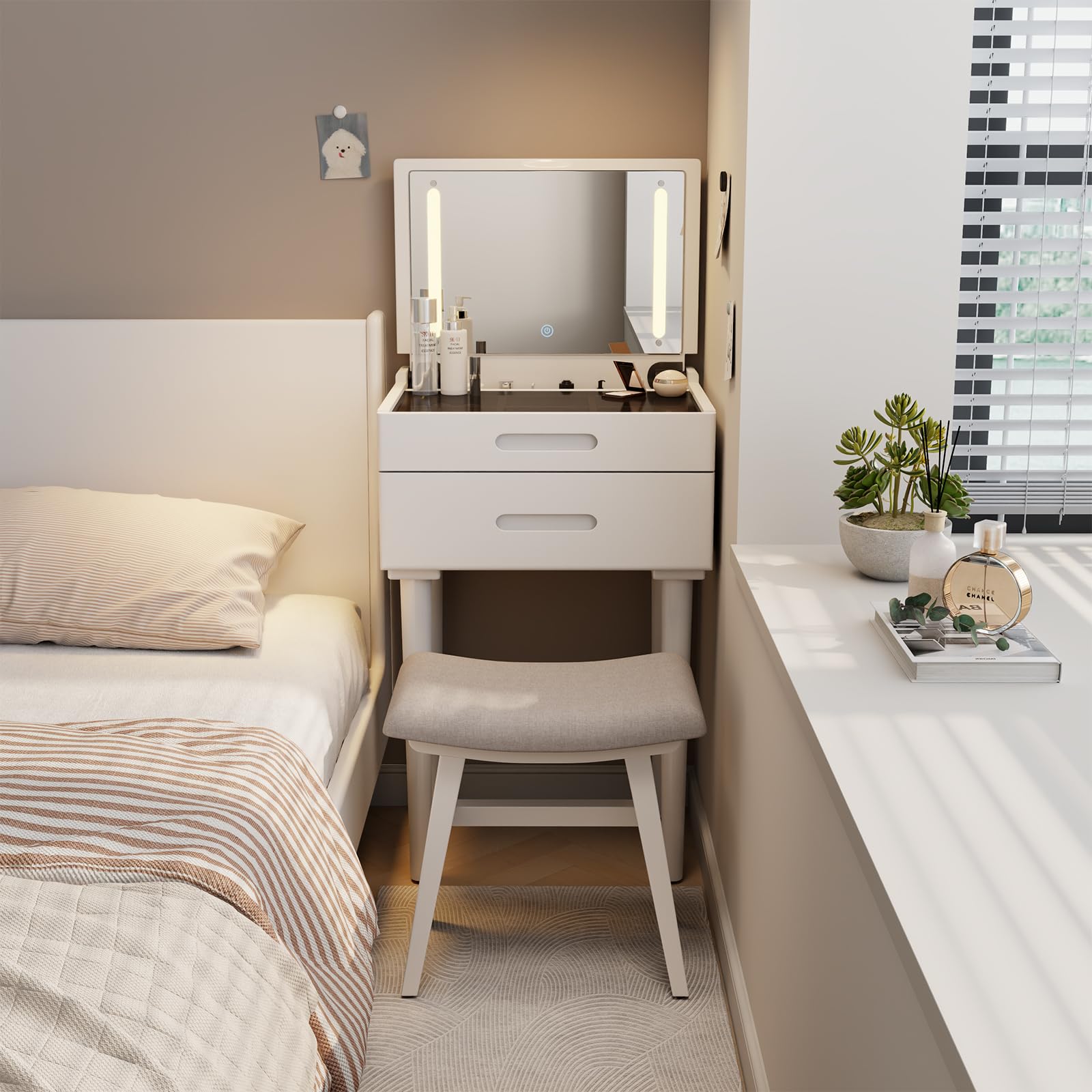 Taburete de tocador pequeño de madera maciza con cojín de sillín, asiento de esponja de alto rebote, silla de maquillaje de fácil montaje, reposapiés para dormitorio, entrada, blanco 2