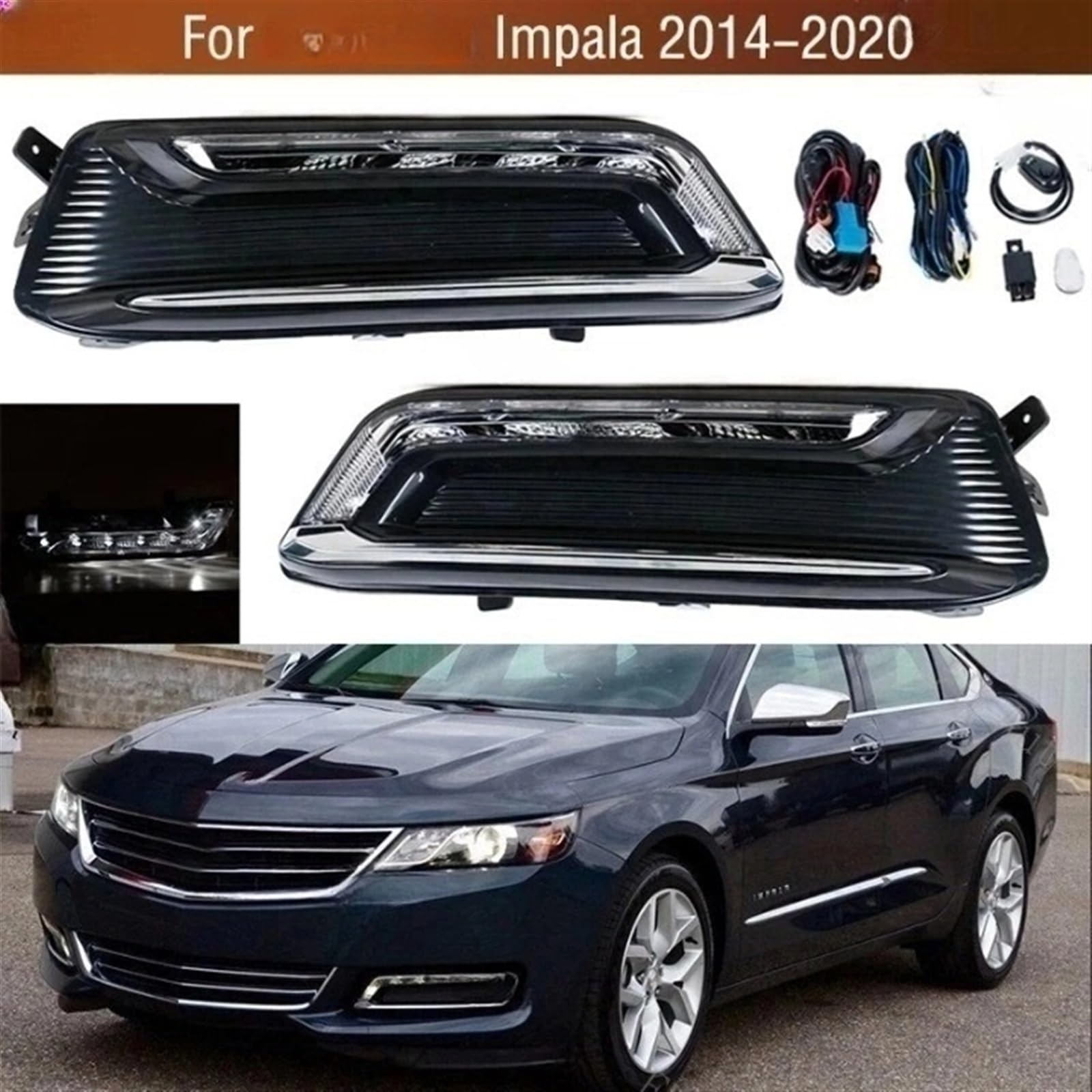 ELOEQCVZ 1Pair Compatible For Impala 2014-2020 LED Front Bumper DRL Daytime Running Drive Light Fog Lamp Cover Frame Grille