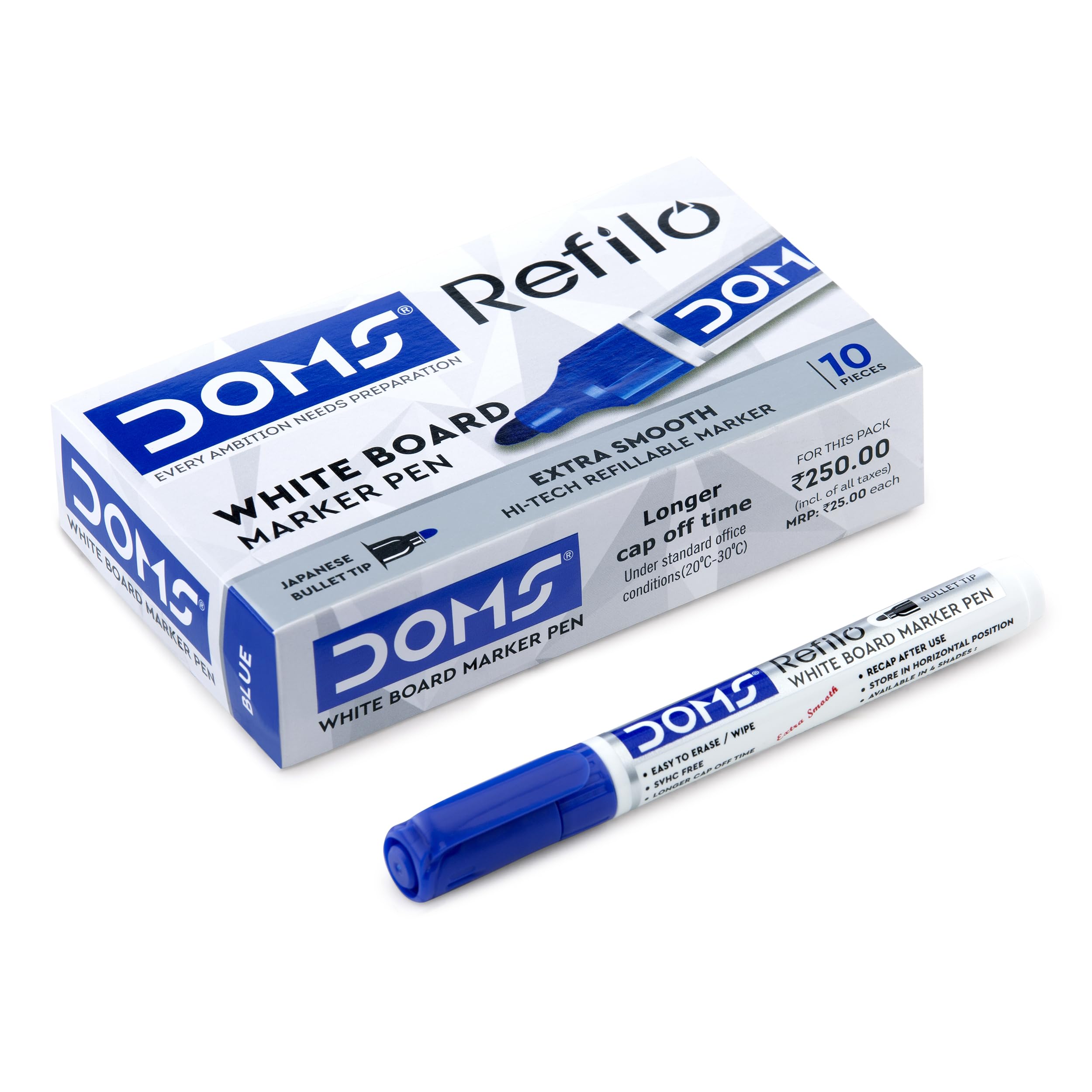 Doms Refilo White Board Pen | Japanese Bullet Tip | Non-Toxic & Xzylene Free Ink | Blue Ink, Pack of 10-picture-17