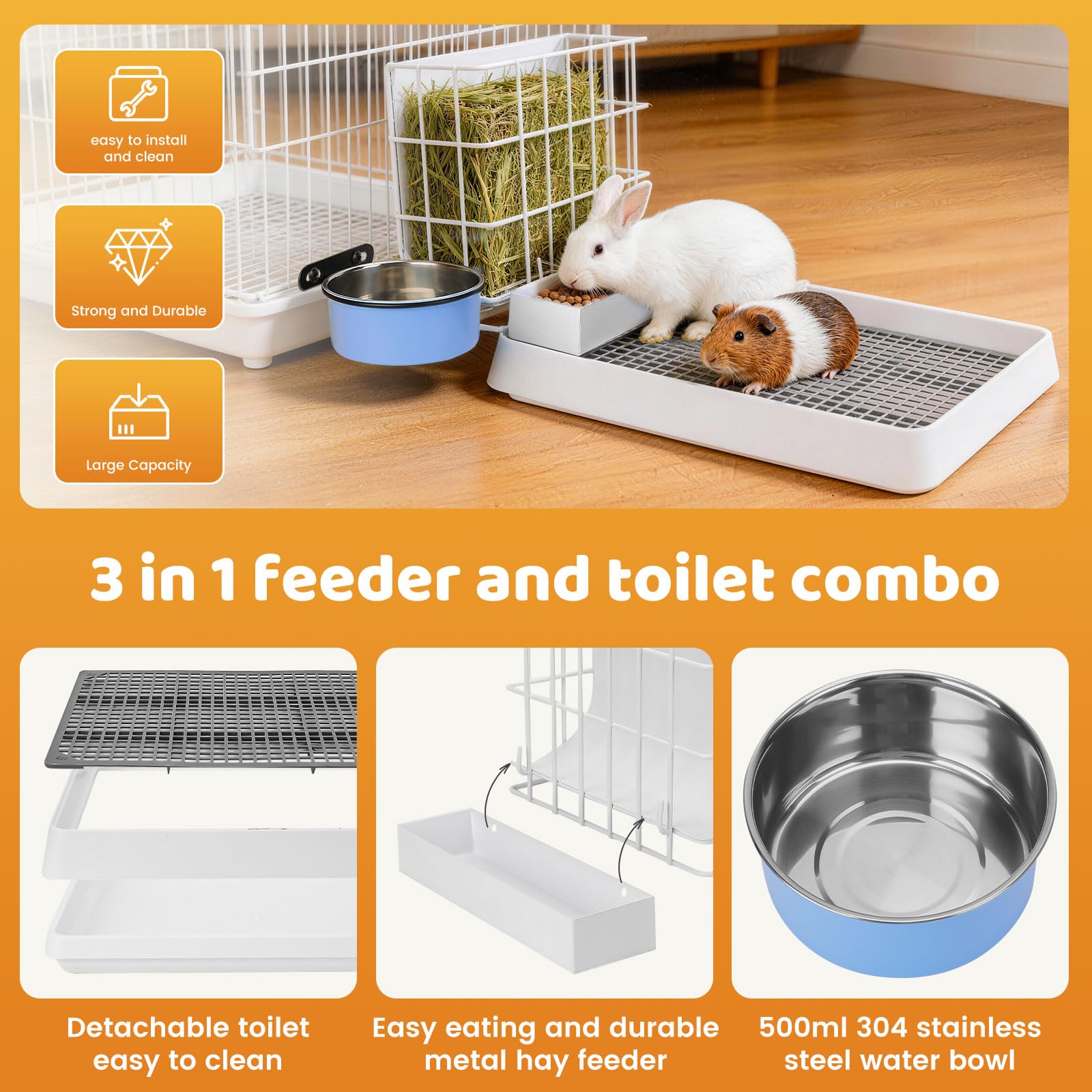 3 in 1 Rabbit Litter Box with Hay Feeder, Bunny Litter Box with Metal Guinea Pig Hay Feeder and Hanging Water Bowl for Bunny, Guinea Pigs, Chinchillas and Other Small Animals - image 2