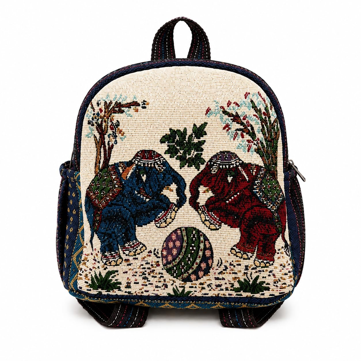 Handmade Elephant Embroidered Mini Backpack for Women & Girls Boho Tapestry Fabric Small Travel Bag, Cute Zipper Backpack for School, College, Office, Travel, Everyday Use-picture-26