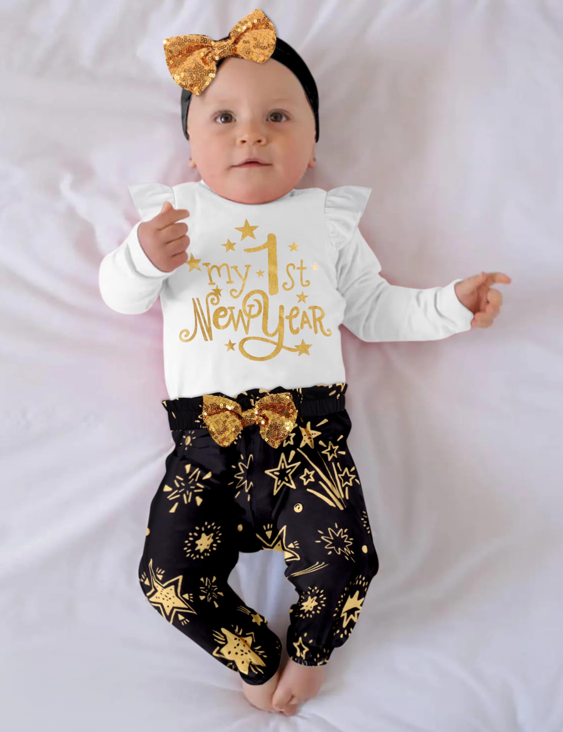 DAKEIK New Years Baby Girl Outfit 0-3 Months My First New Years Baby Girl Outfit 2025 White Ruffle Top Fireworks Star Patterned Pants Hijab 3 Piece Set