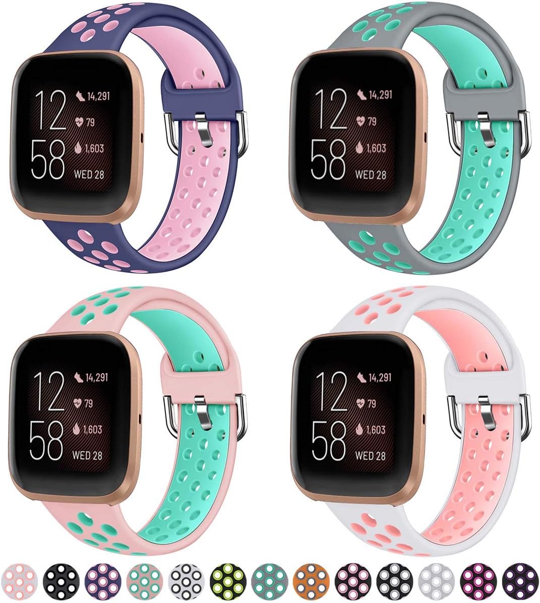 4 Pack Sport Bands Compatible with Fitbit Versa/Versa 2 / Versa Lite, Soft Silicone Waterproof Breathable Sport Watch Strap Replacement Wristband Accessories Women Man for Versa Smart Watch