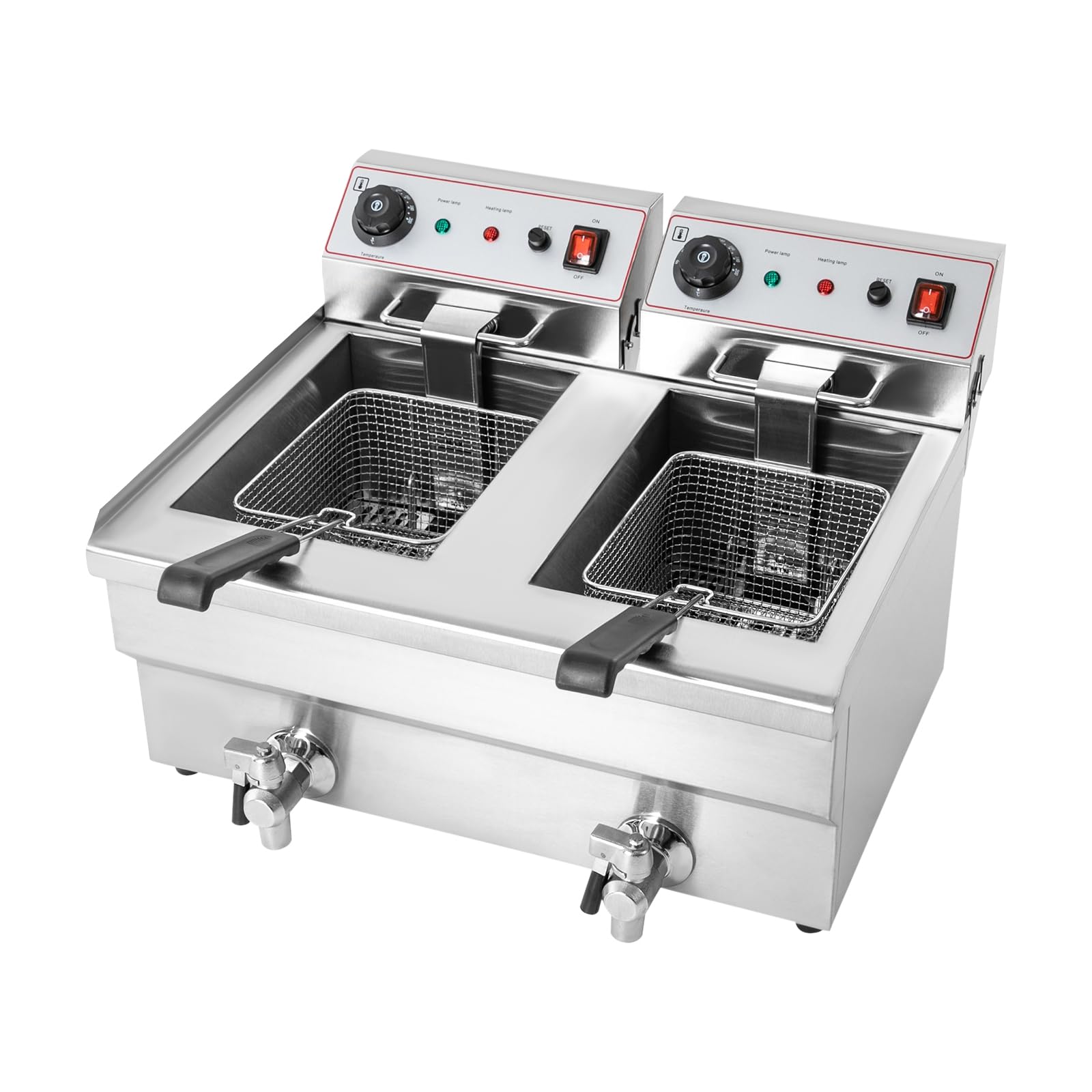 Freidora doble eléctrica, 6000 W, acero inoxidable, 2 x 10 L, 140-200 ℃, protección contra sobrecalentamiento, grifo de drenaje, fiesta, comida, restaurante, 57 x 47 x 35 cm