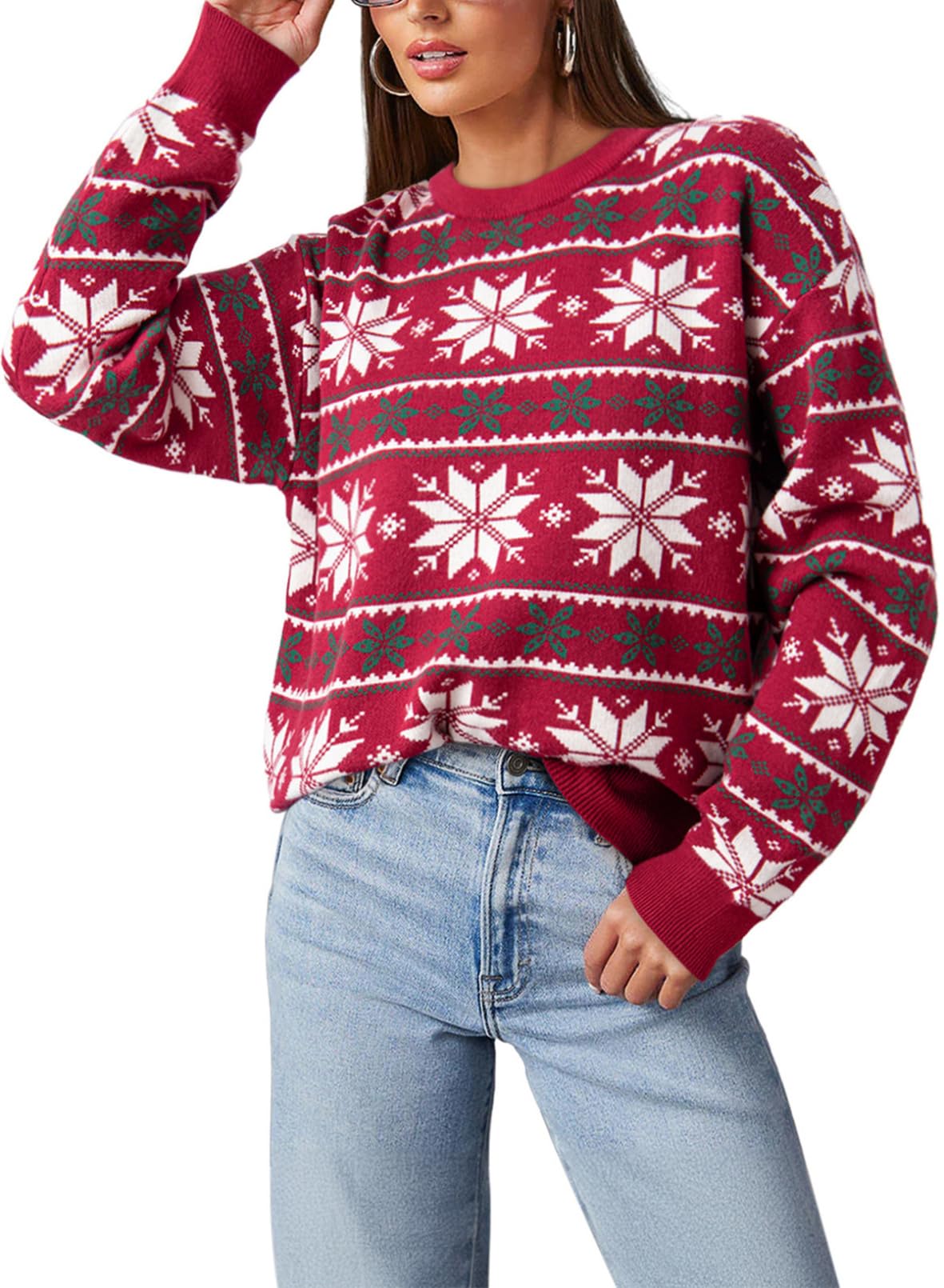 Dokotoo Sweaters for Women Casual Crewneck Long Sleeve Floral Print Cable Knit Pullover Sweater Tops