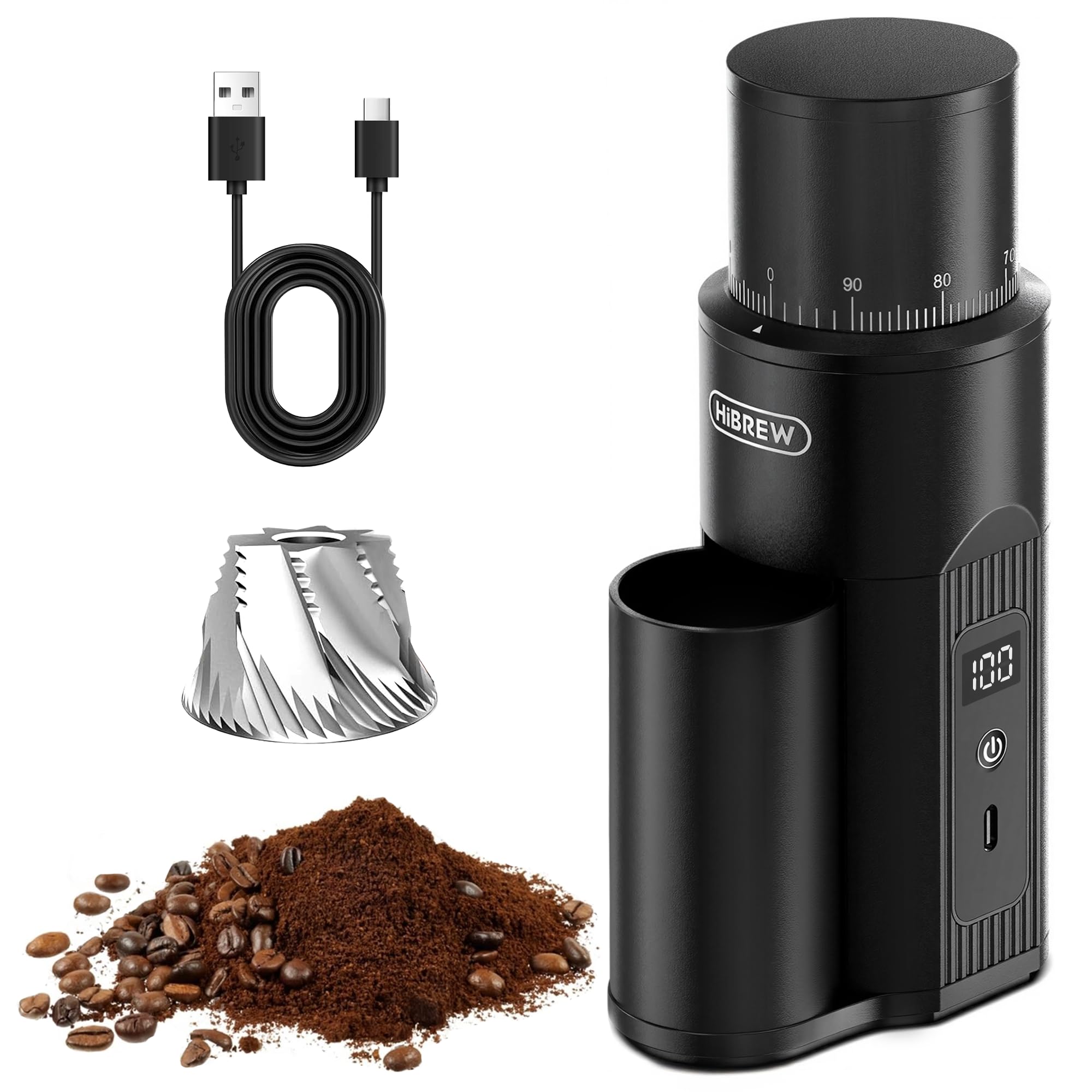HIBREW G5mini Molinillo de Café Portátil Inalámbrico, Batería 5200 mAh | Carga Tipo‑C, 100 Niveles de Molido, Cónicos de Acero Inoxidable 38 mm, Molinillo Eléctrico para Hogar y Viajes