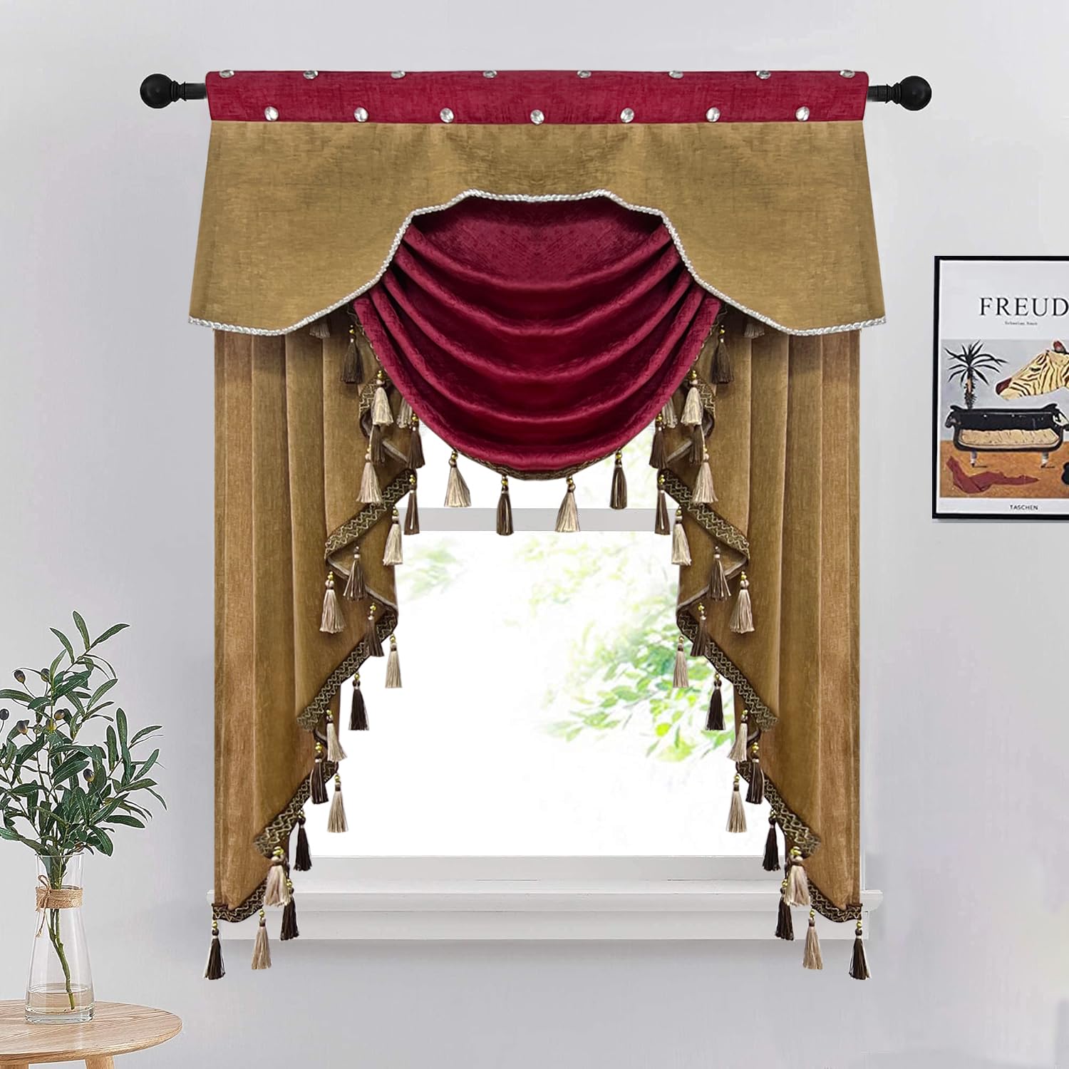 NewWPKIRA European Brown Burgundy Waterfall Valances for Windows Swag Waterfall Valance with Beads European Chenille Curtain Valance for Living Room 1 Panel