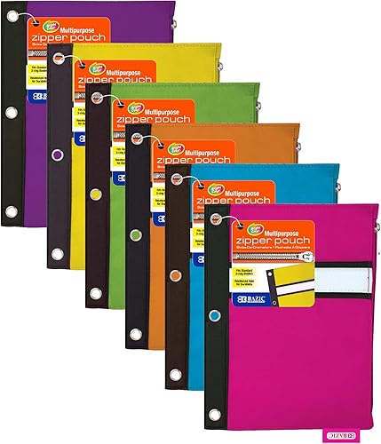 BAZIC - Bolsa para lápices de 3 anillos con agujeros para anillos forzados con remaches, bolsa con cremallera, color surtidos, paquete de 144