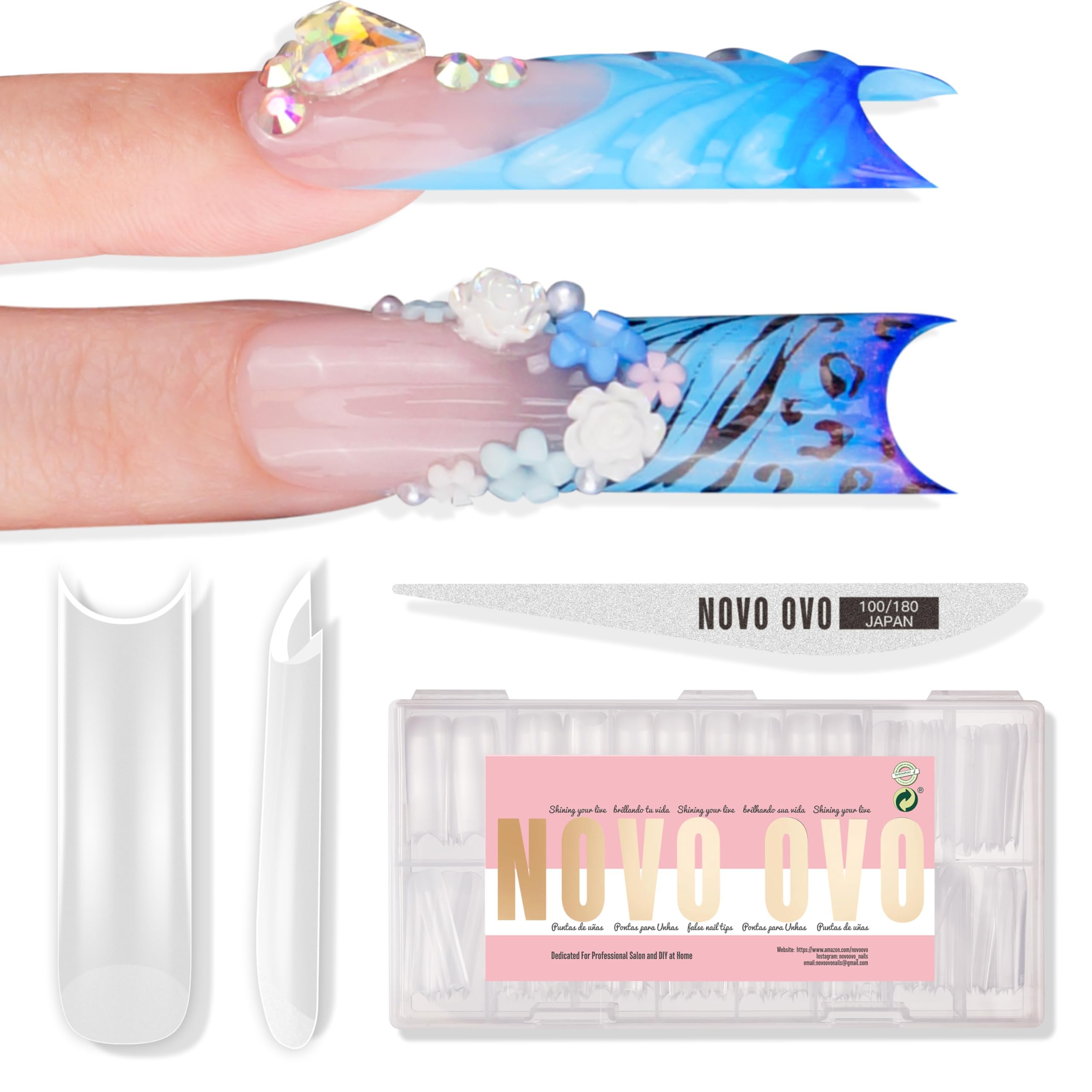 NOVO OVO Halloween XXL Square Nail Tips with Sharp Point & Moon Curve, Extra Thick False Nails Press on