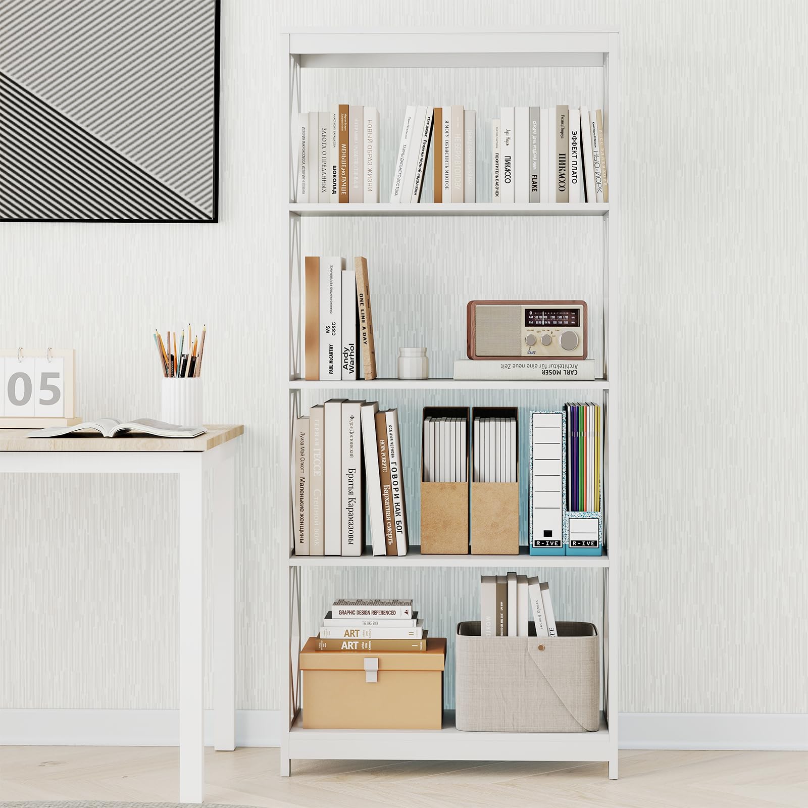 GIANTEX Bibliothèque à 5 Niveaux, Bibliotheque Livre avec Kit Anti-Basculement, Etagere Livre Style Moderne, Meuble de Rangement pour Bureau, Salon, Chambre, Salle d'Étude, 70 x 30 x 155 cm, Blanc