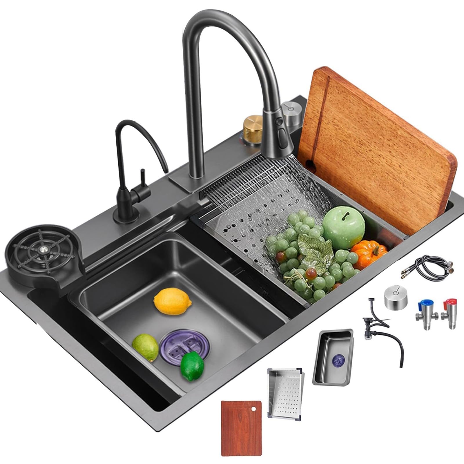 Kitchen Sink with Waterfall Faucet 304 Stainless Steel Sink Gold, Black, White Sink Single Bowl Sink Multi-Function Sink Complete Accessories (Black, 85x45cm)