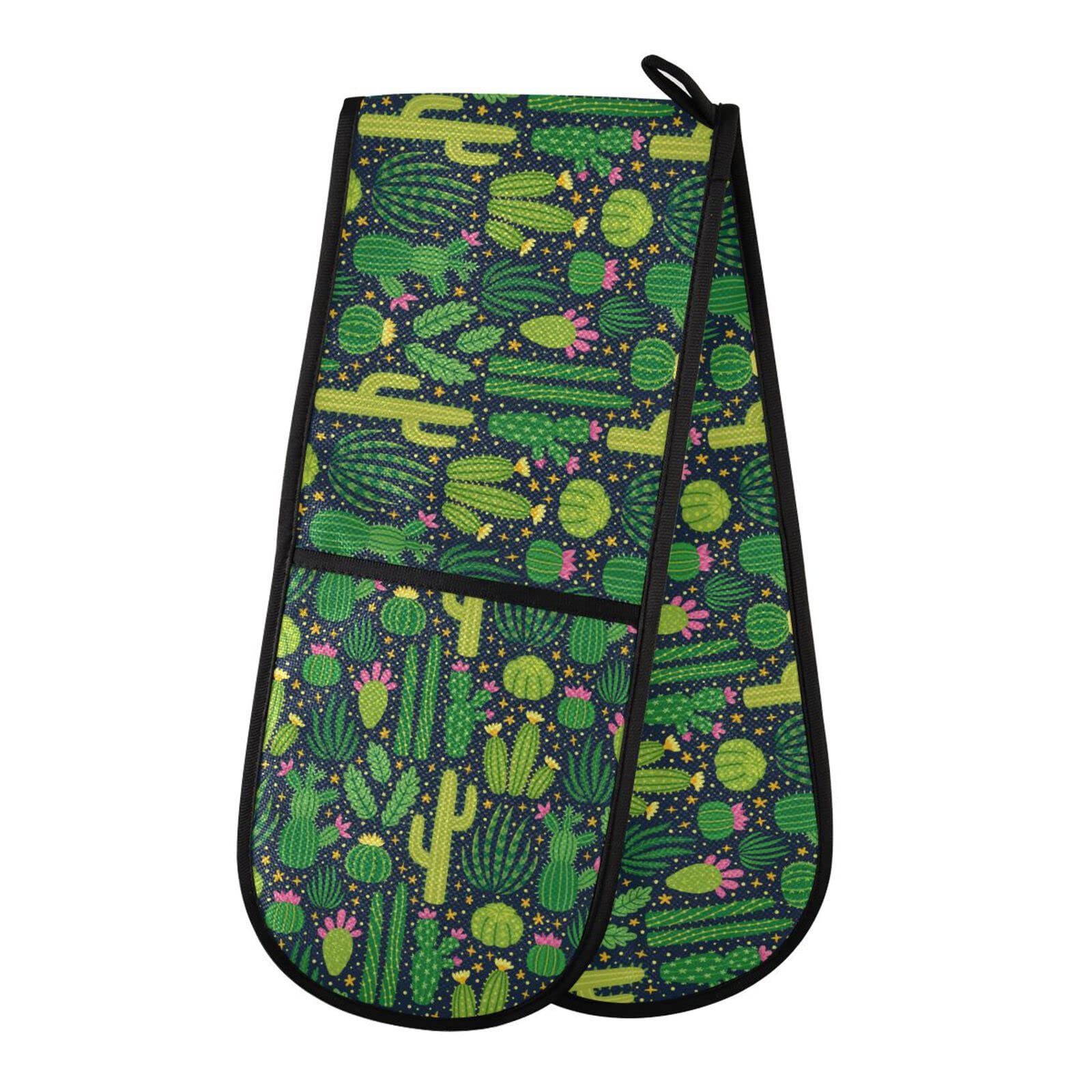 Double Oven Glove Green Cactus Cacti Pattern Heat Resistant Double Ovens Mitt Modern Cooking Gloves Potholders