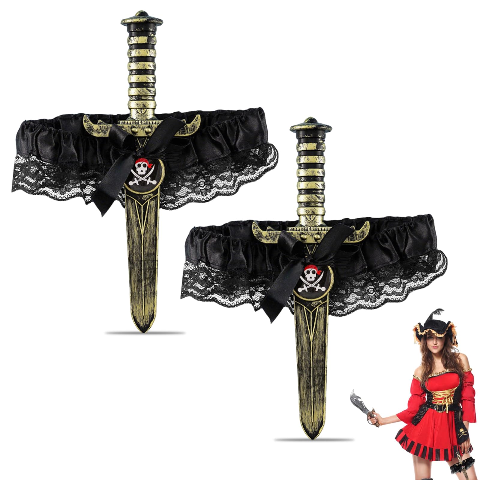 XoeLLe 2 PCS Thigh Garter Thigh Strap Leg Harness Pirate Garter Pirate Accessories Women with Lace Bow Sexy Knife Fancy Dress for Masquerades Cosplay Carnival Dress Up Props, for 14+ Years Old