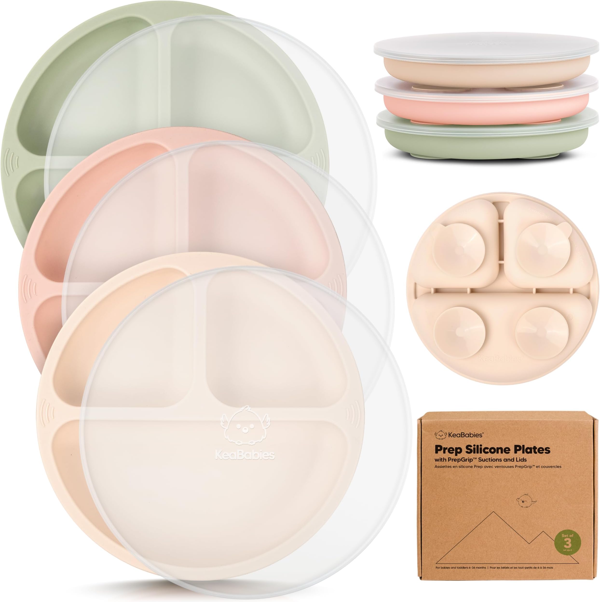 KeaBabies Suction Plates with Lids for Baby - 3-Pack 100% Silicone Toddler Plates with Suction, Divided, BPA-Free Baby Led Weaning Essentials for Kids, Dishwasher, Microwave Safe, Durable (Macaron)