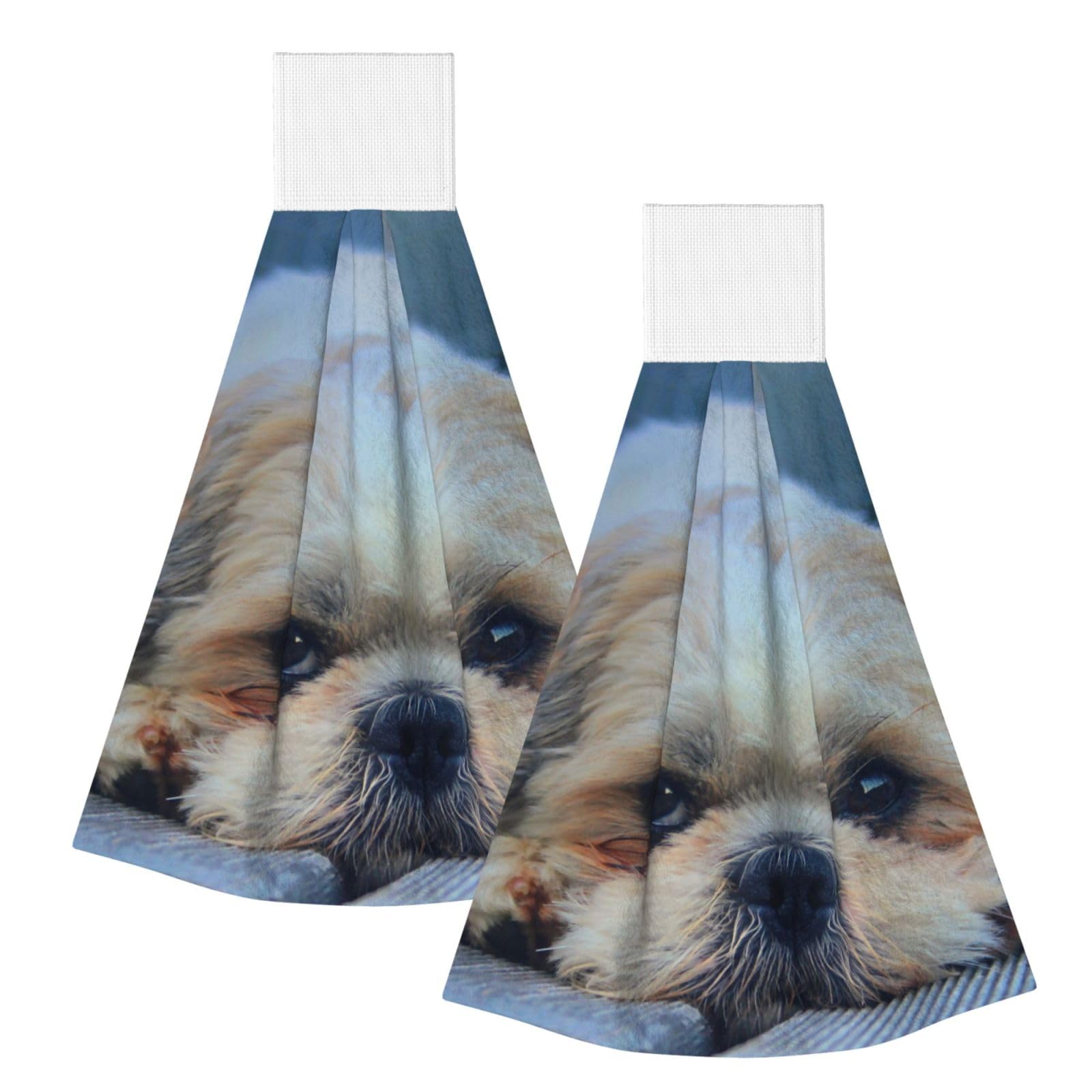 DOPKLNA Shih Tzu Dog, 2 Pcs Hanging Coral Fiber Hand Towels for Bathroom, Absorbent Kitchen Towels