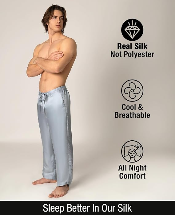 Luxury Artisan Mens Silk Pajama Pants, Natural Silk PJ Bottoms