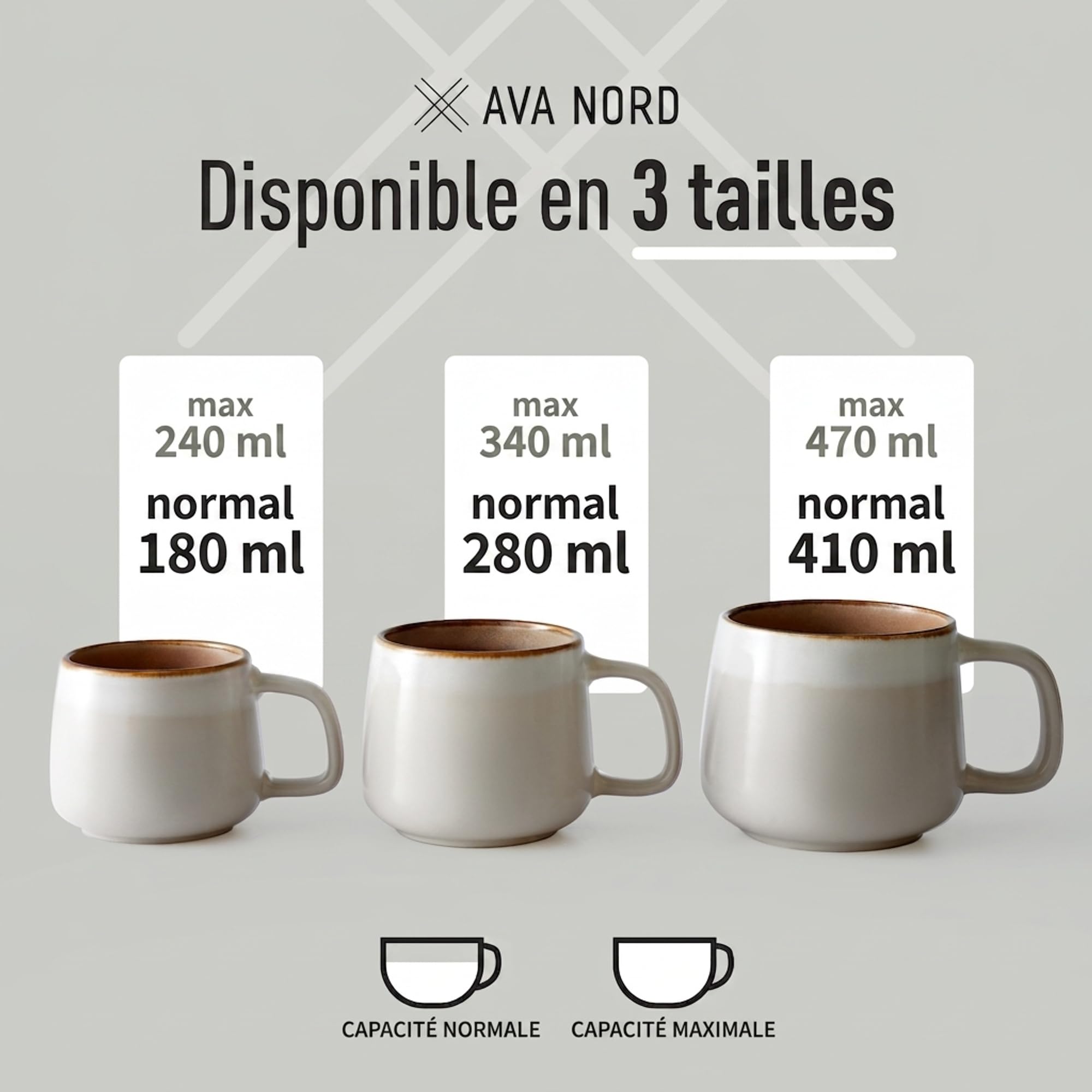 Ava Nord Tasses à Café en Céramique - 240 ml | en Grès, avec Anse Ergonomique | Idéales pour le Cappuccino, le Espresso | Compatibles Micro-Ondes et Lave-Vaisselle | Gris Sauge