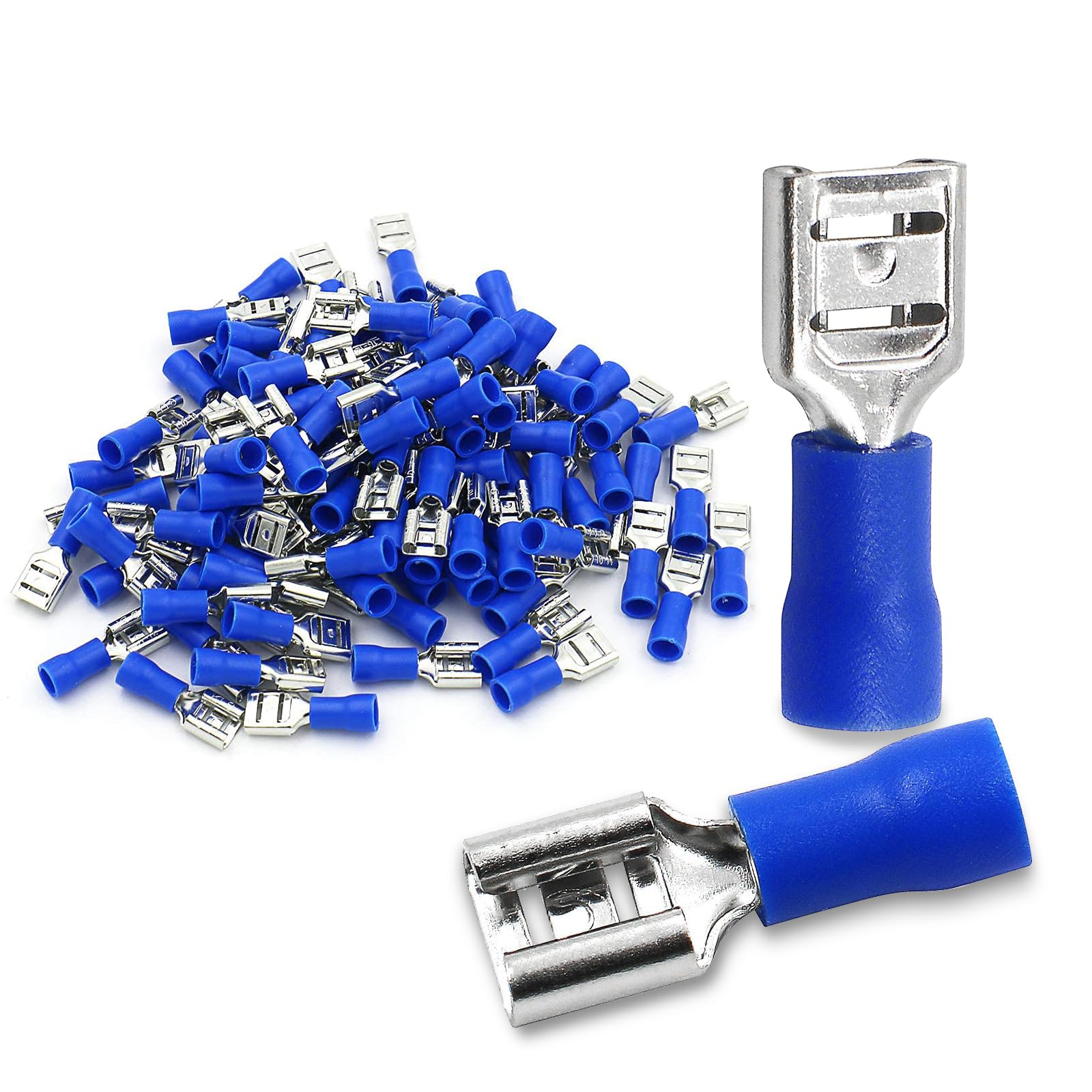 Baomain 100-Pack 1/4" Female Quick Disconnect Spade Terminals, 16-14 AWG 6.3mm (0.25 inch), Insulated Crimp Connectors Blue