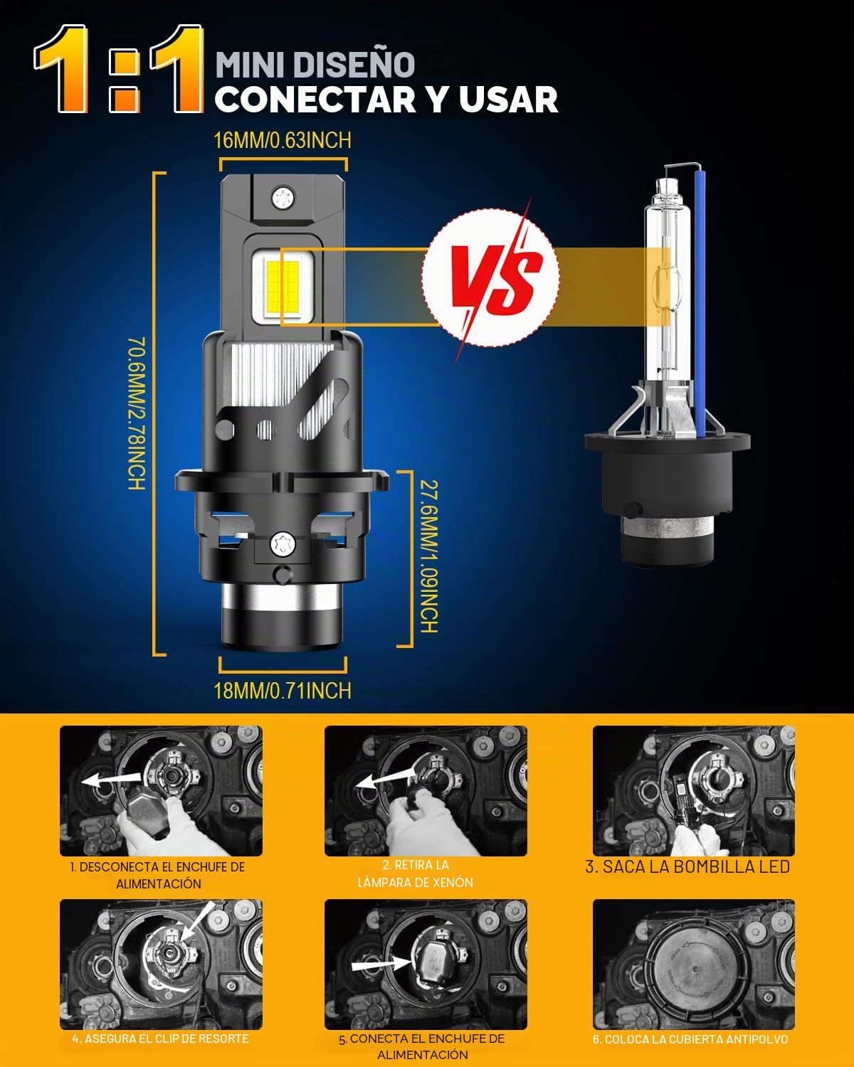 KATUR Bombillas D2S LED 800% Brillante, 30000LM 6500K Blanco Xenón 1:1 Bombillas D2S LED Plug and Play, Paquete de 2