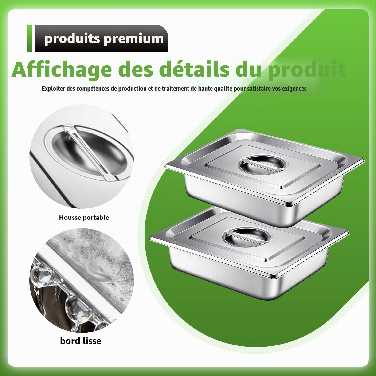 Lot de 3 bols à panure rectangulaires, en acier inoxydable, avec couvercle, 32,5 x 26,5 x 6,5 cm, pour côtelettes, viande, poisson