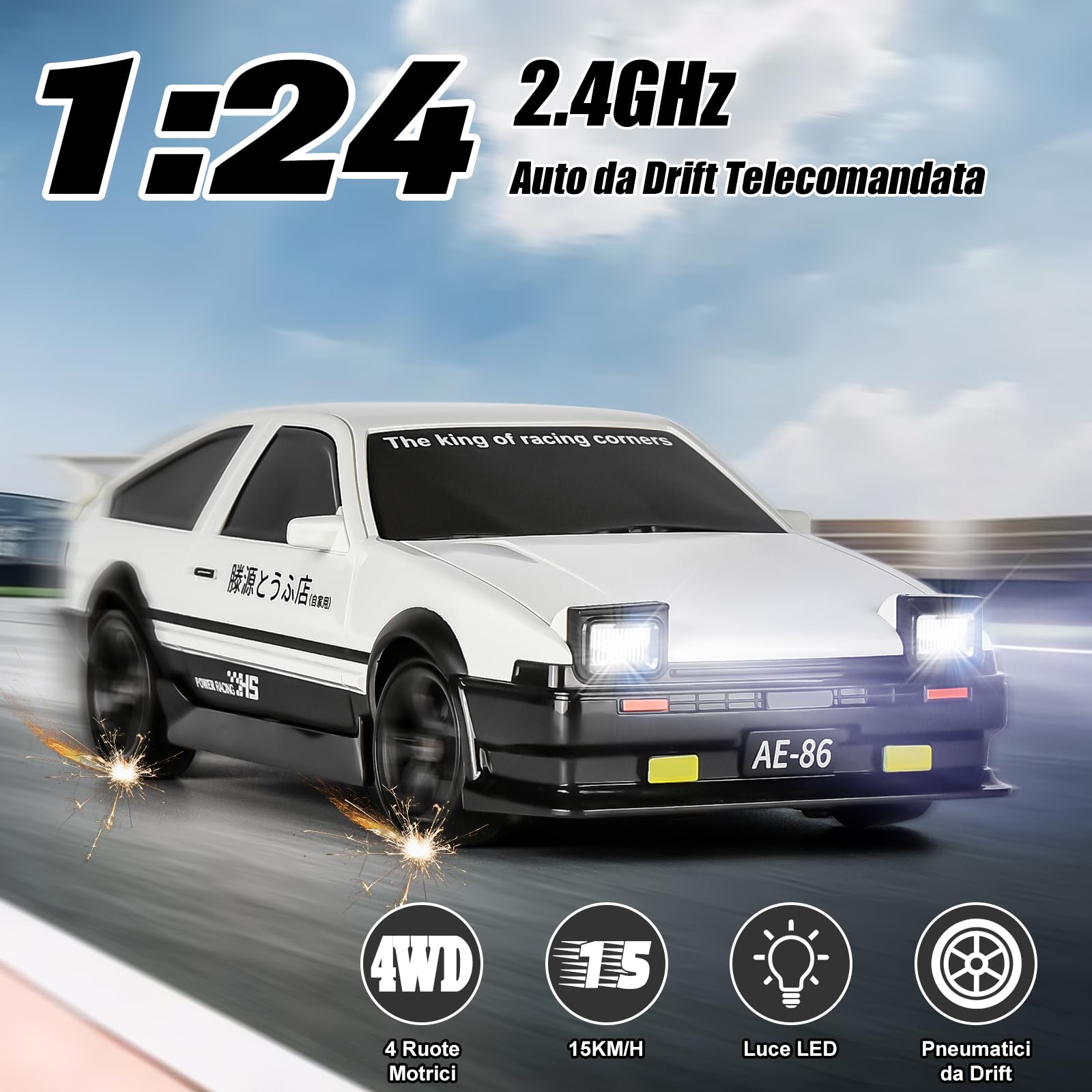 BuzzoXerex RC Drift Car, Mini Macchina Telecomandata Drift, 1/24 4WD Auto Telecomandata con Luce LED, 18km/h, Auto Giocattolo per Adulti e Bambini di Età Superiore agli 6 Anni (Bianco)