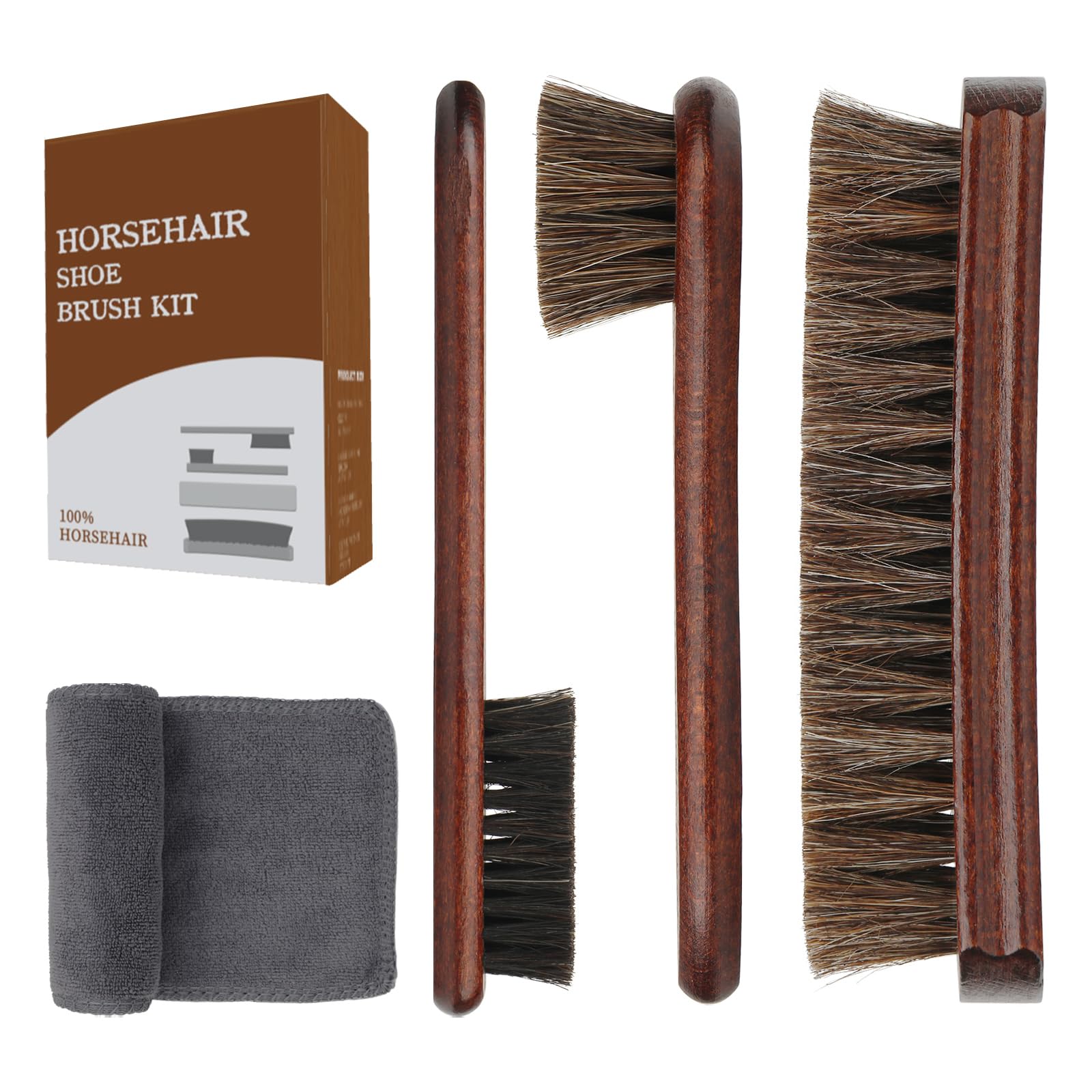 Kit Brosse Chaussure & Cuir 4 Pièces - 100% Crin de Cheval Naturel & Microfibre - Set d'Entretien Premium pour Chaussures, Sacs à Main, Bottes, Canapés et Intérieur Auto - Sans Rayures