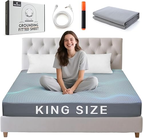 Grounding Sábanas tamaño King, 95% algodón orgánico + 5% fibra plateada pura, sábanas conductoras a tierra para un mejor sueño con cable de tierra,