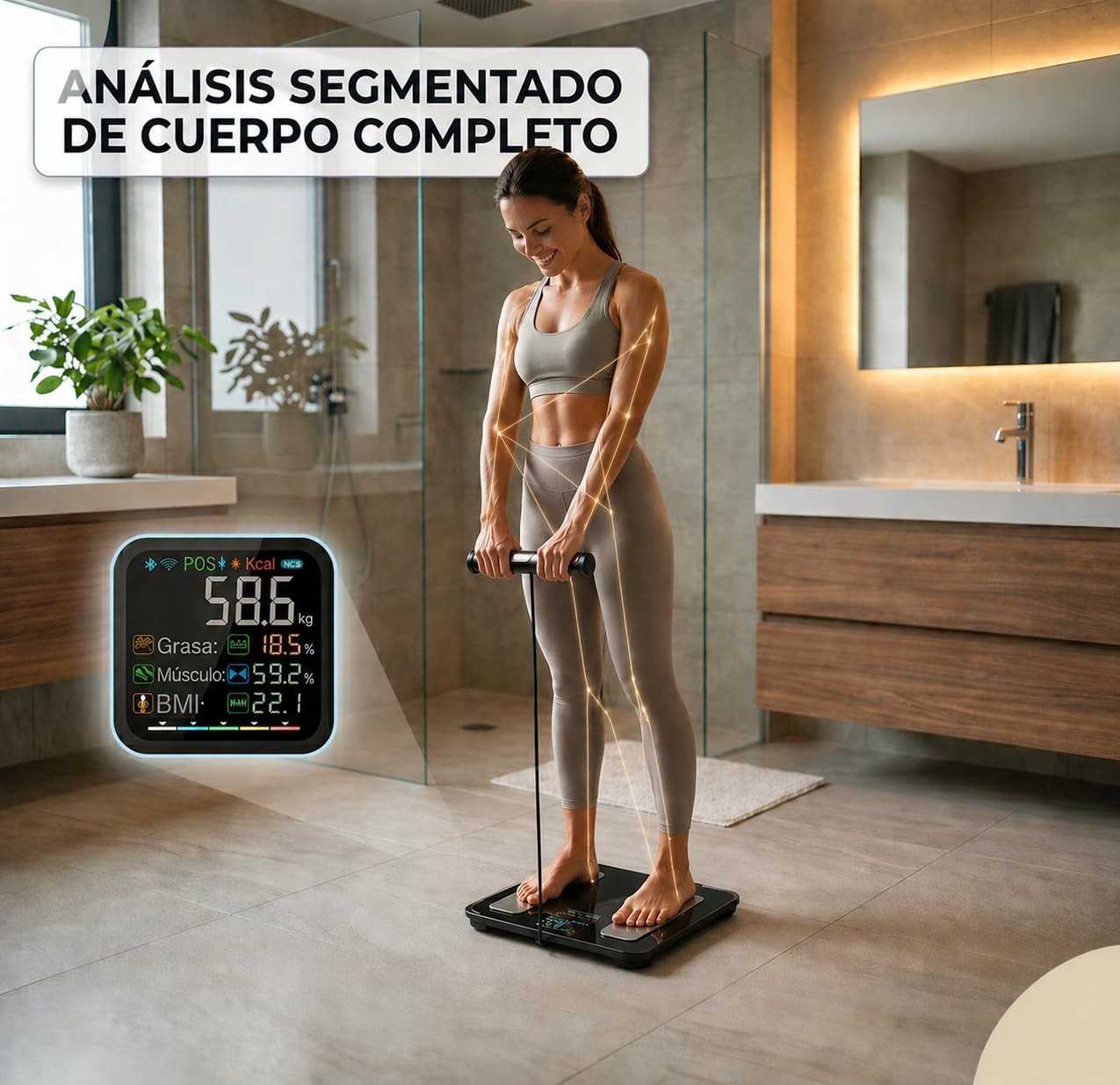 Báscula bioimpedancia Inteligente bluetooth, Análisis Corporal Completo +27 mediciones,%grasa corporal, músculo, 8 Electrodos de Alta Precisión, 180 kg