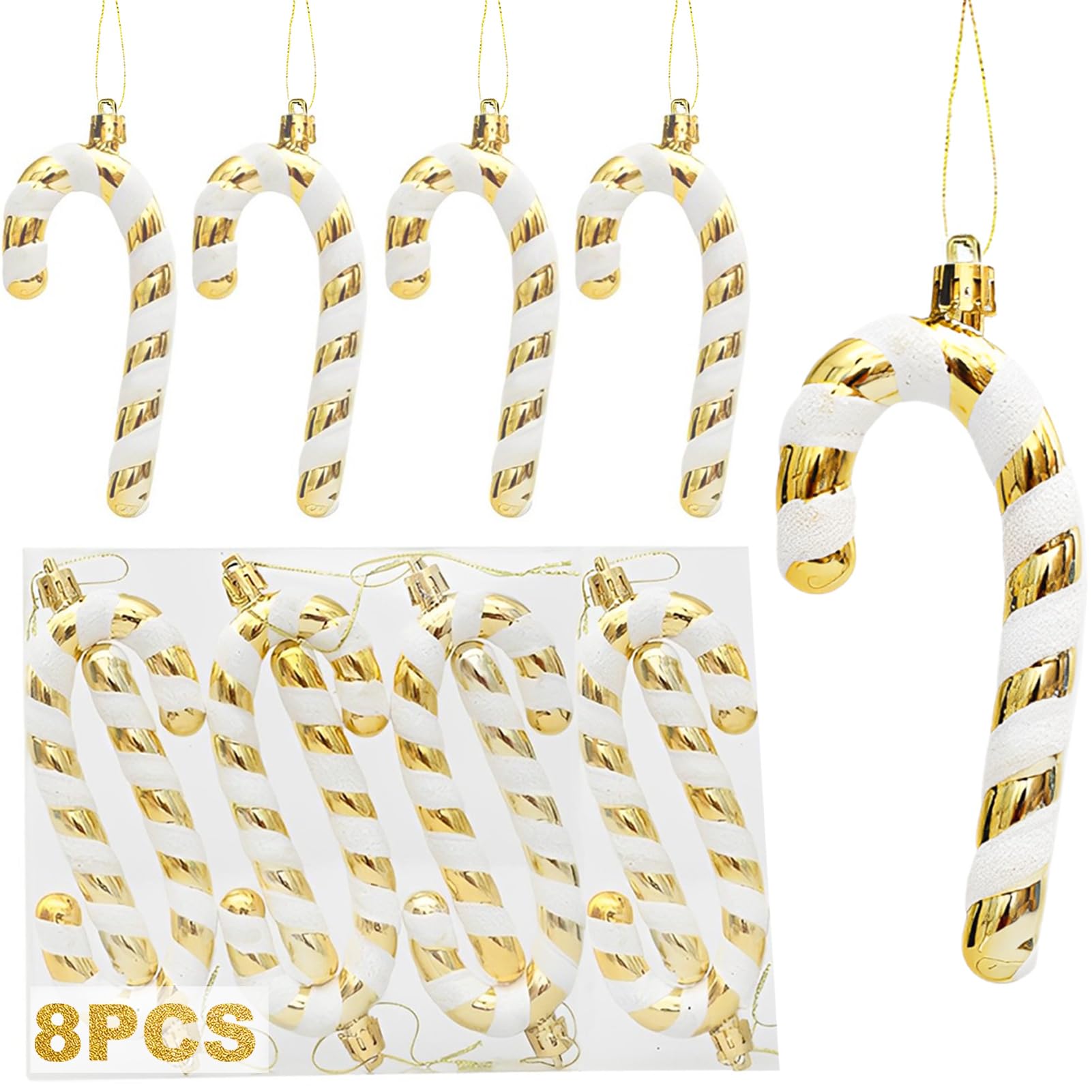 8pcs brillo bastones de caramelo decoración del árbol de Navidad de oro blanco,13×6 CM bastones de caramelo decoración del árbol de Navidad decoraciones de azúcar de oro decoraciones del árbol Navidad