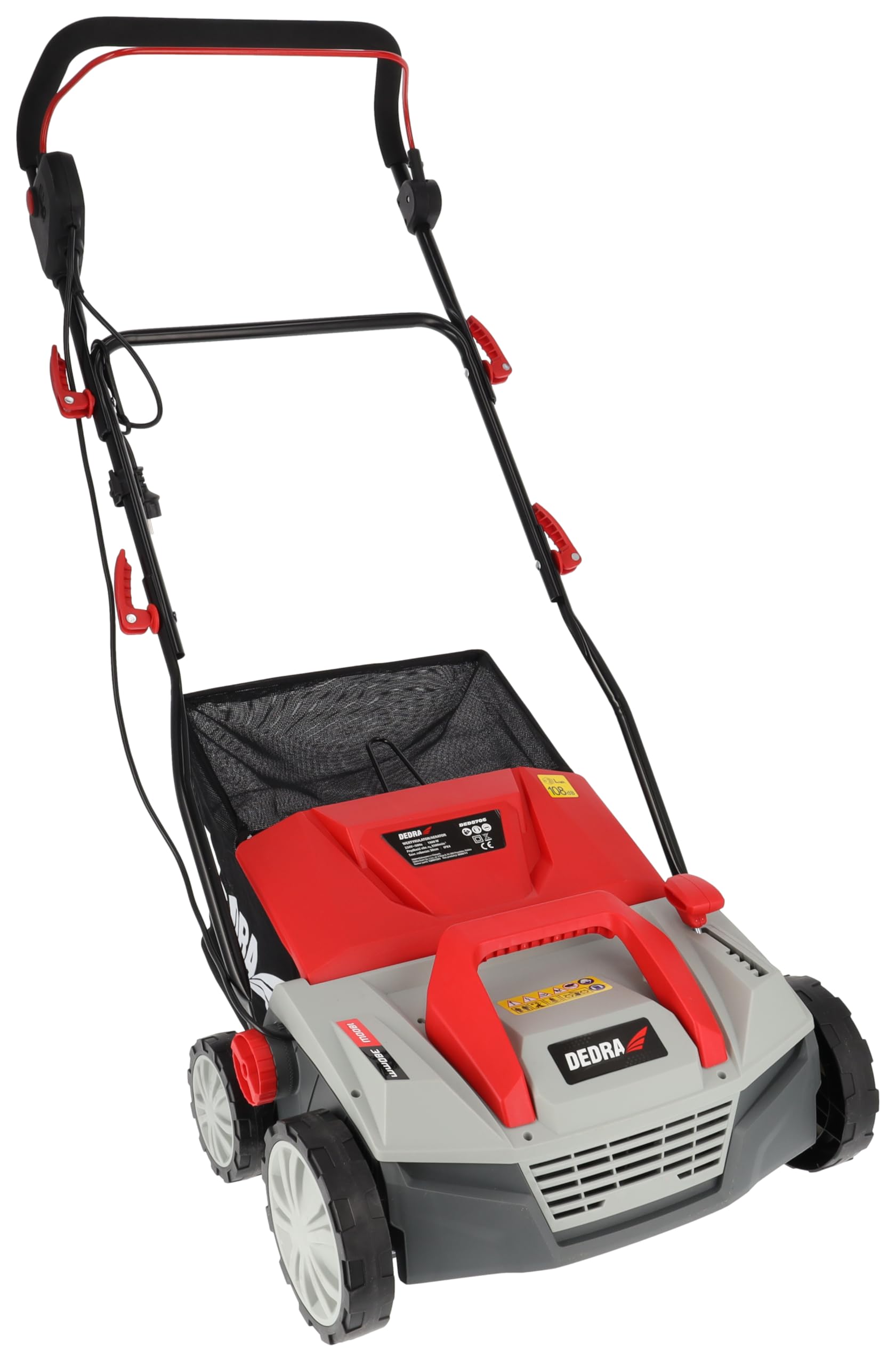 Garden Dedra Ded8706 - Ventilatore per prato, 1800 W, 3500 giri/min, larghezza di lavoro, 38 cm, basso livello di rumorosità, sacco da 45 l, peso 12,5 kg