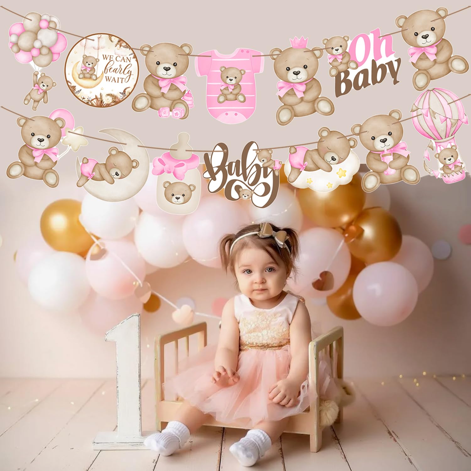Pancartas rosas con texto en inglés "We Can Bearly Wait" para baby shower, decoración de fiesta de oso para baby shower, pancarta de oso de peluche para niñas, suministros de fiesta de cumpleaños