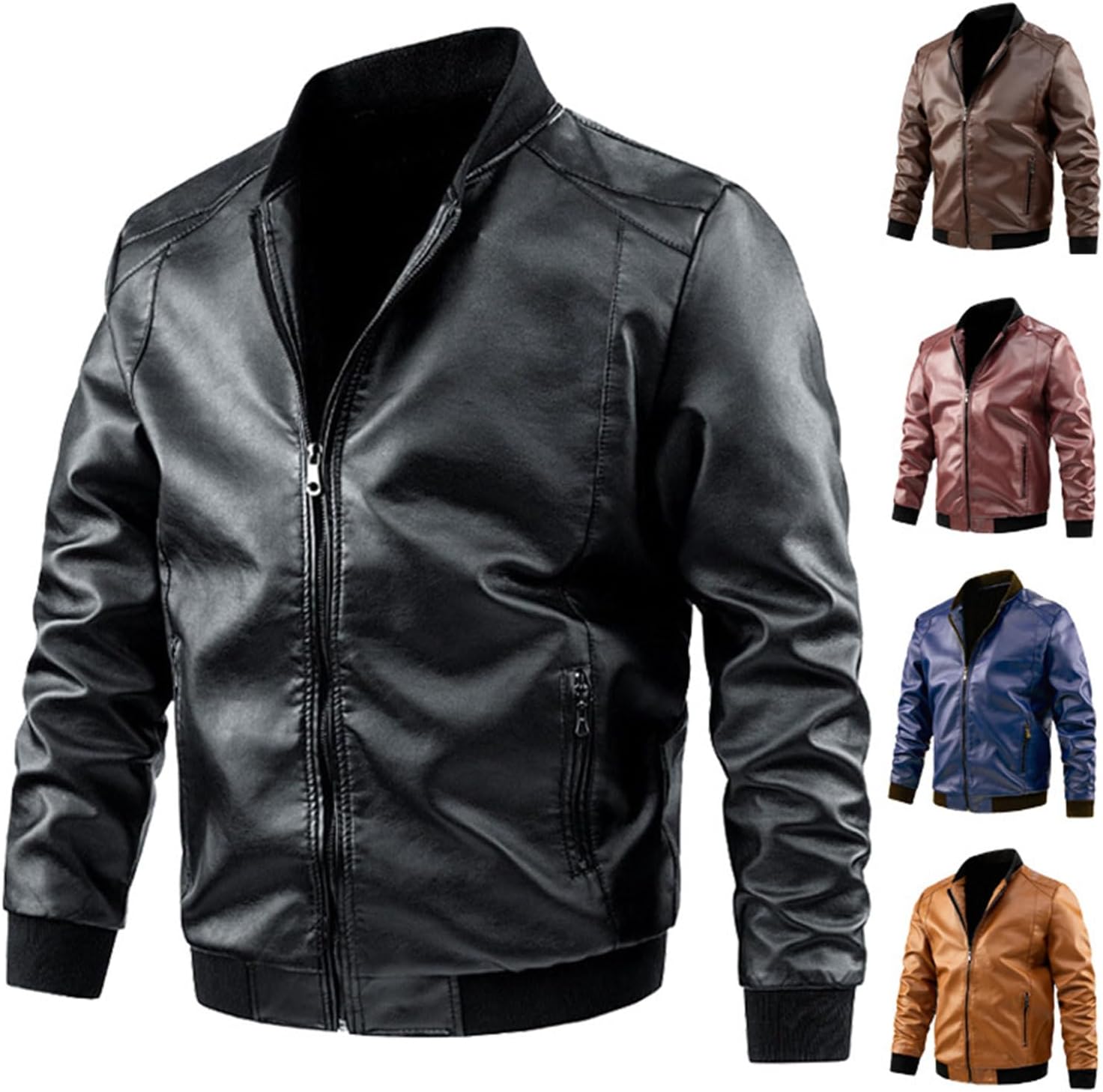 Men's Casual Leather Jacket Slim Fit Faux Leather Bomber Jacket Men Ribbed Collar Lightweight Biker Leather Coat