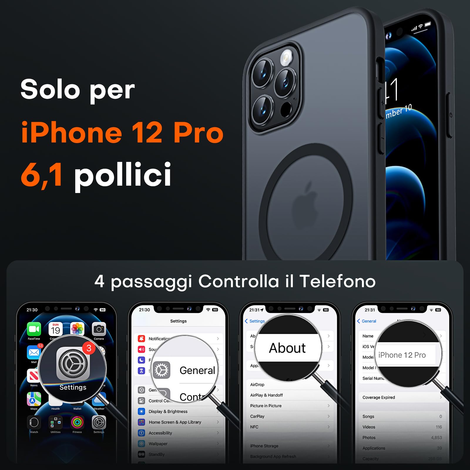 TOCOL Cover Magnetica per iPhone 12 Pro 6,1 Pollic, Compatibile con MagSafe, Custodia Antiurto Traslucida Opaca, Nero