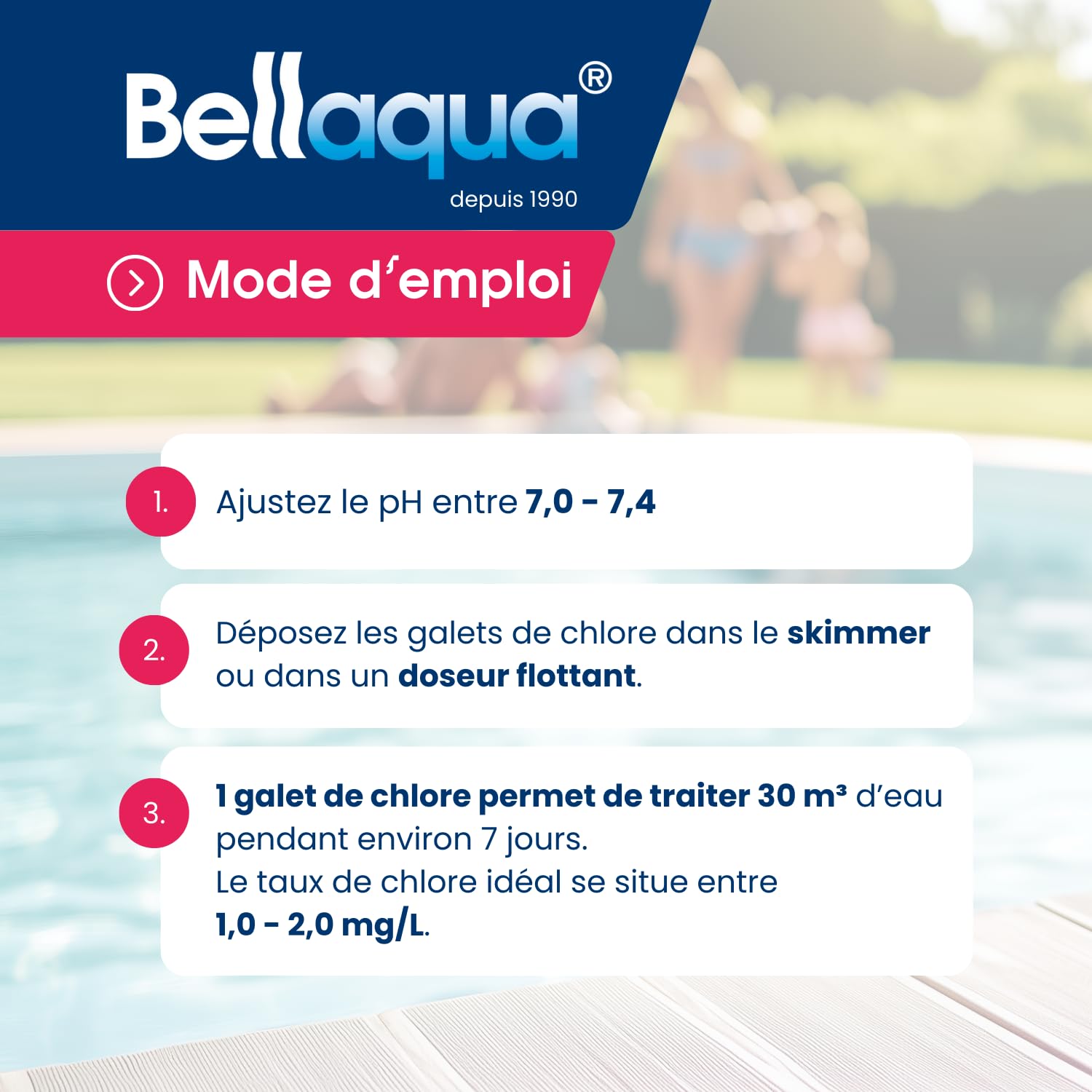 Bellaqua Chlore Lent Multifonction Piscine 3 kg - Galets de Chlores 200g - Traitement Complet Piscine - Désinfection, Anti-Algues, Floculant, Protection du Chlore