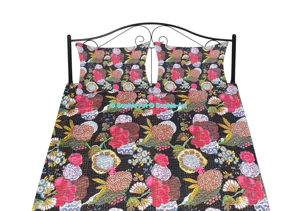 Sophia Art Twin/King Indian Fruit Reversible Bedspread Pattern Gudri Pure Cotton Kantha Style Quilt Floral Fruit Print Decorative Kantha Stitch Quilt (Black, California King 108"x108" With Sham Cover)